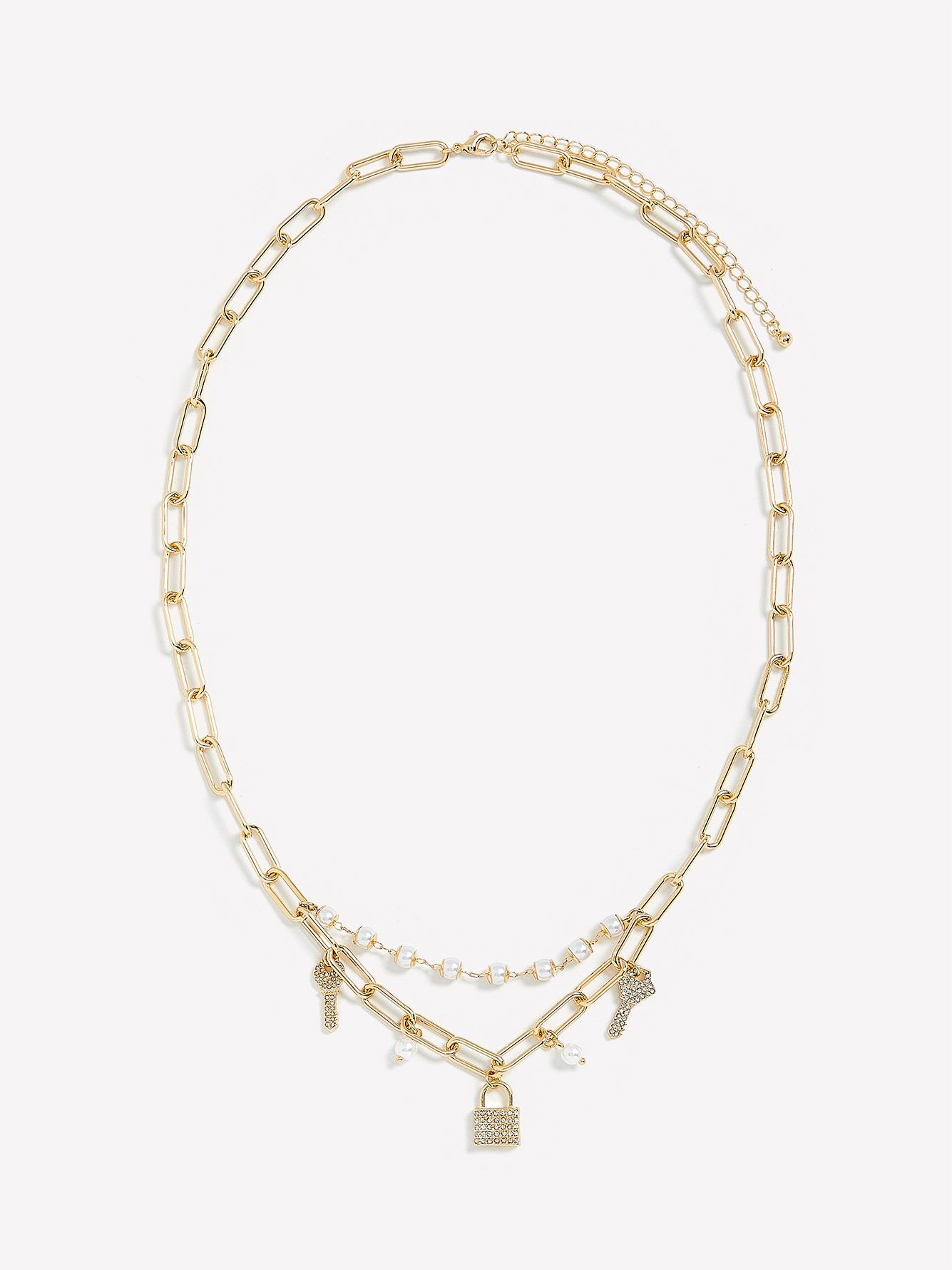 Chunky Link Necklace with Pearls and Lock Pendant