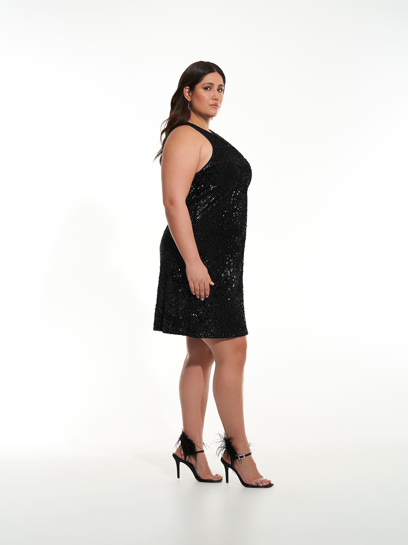 Sleeveless A-Line Halter Sequins Velvet Dress - Addition Elle