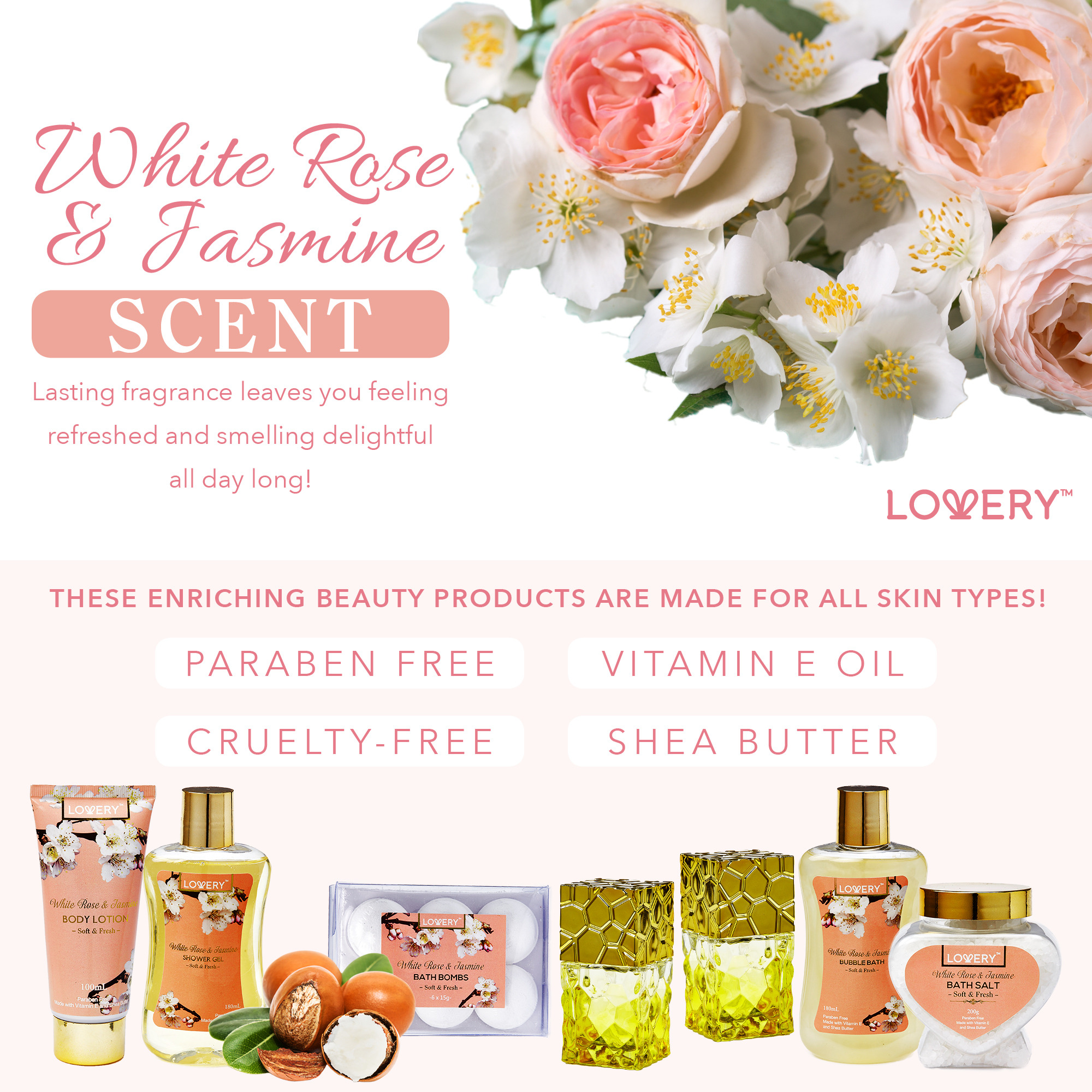 Lovery Bath And Body Gift Basket - White Rose & Jasmine - Home Spa 13pc Set