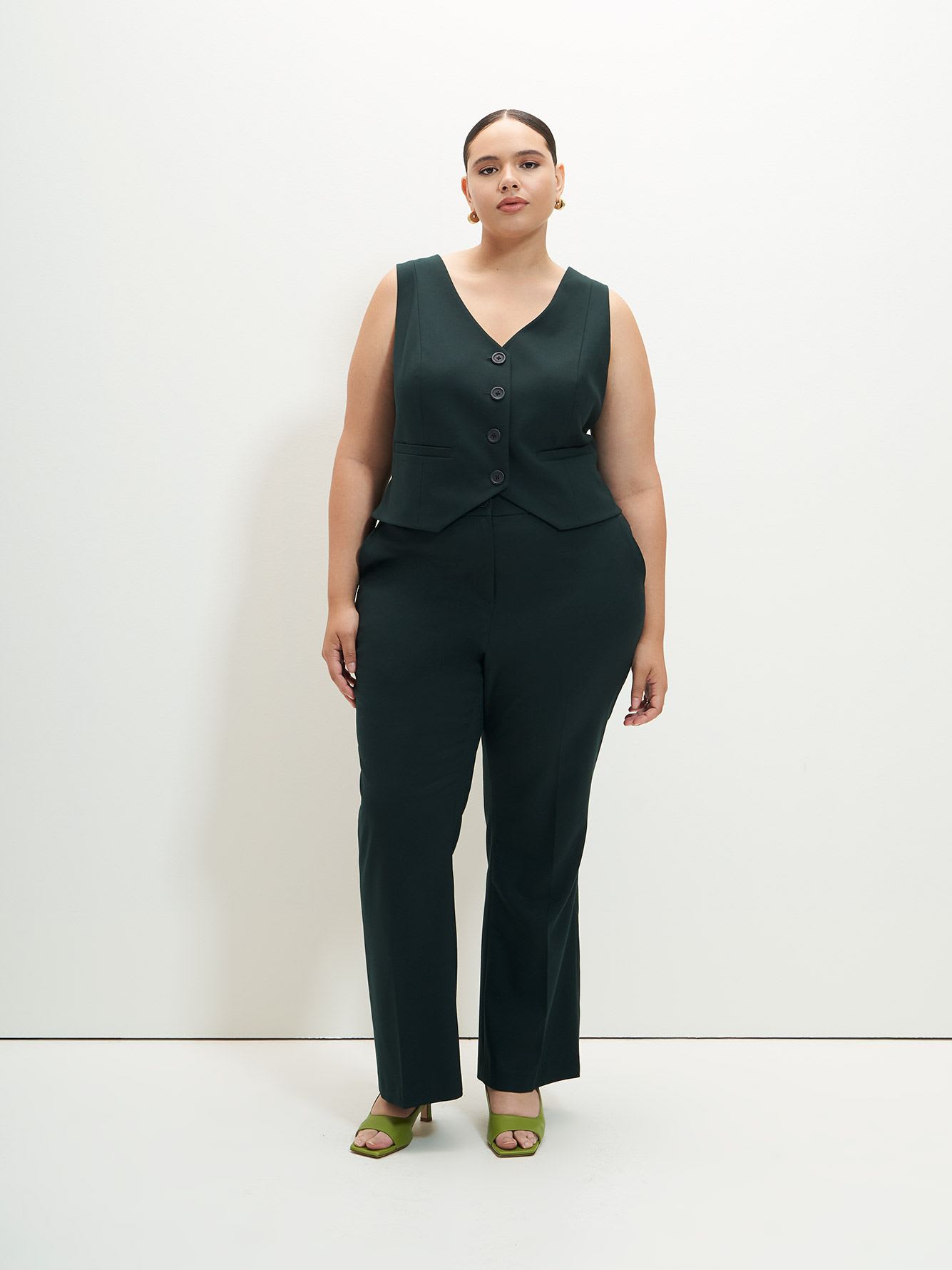 Buttoned Down Tailored Vest, Green - Addition Elle