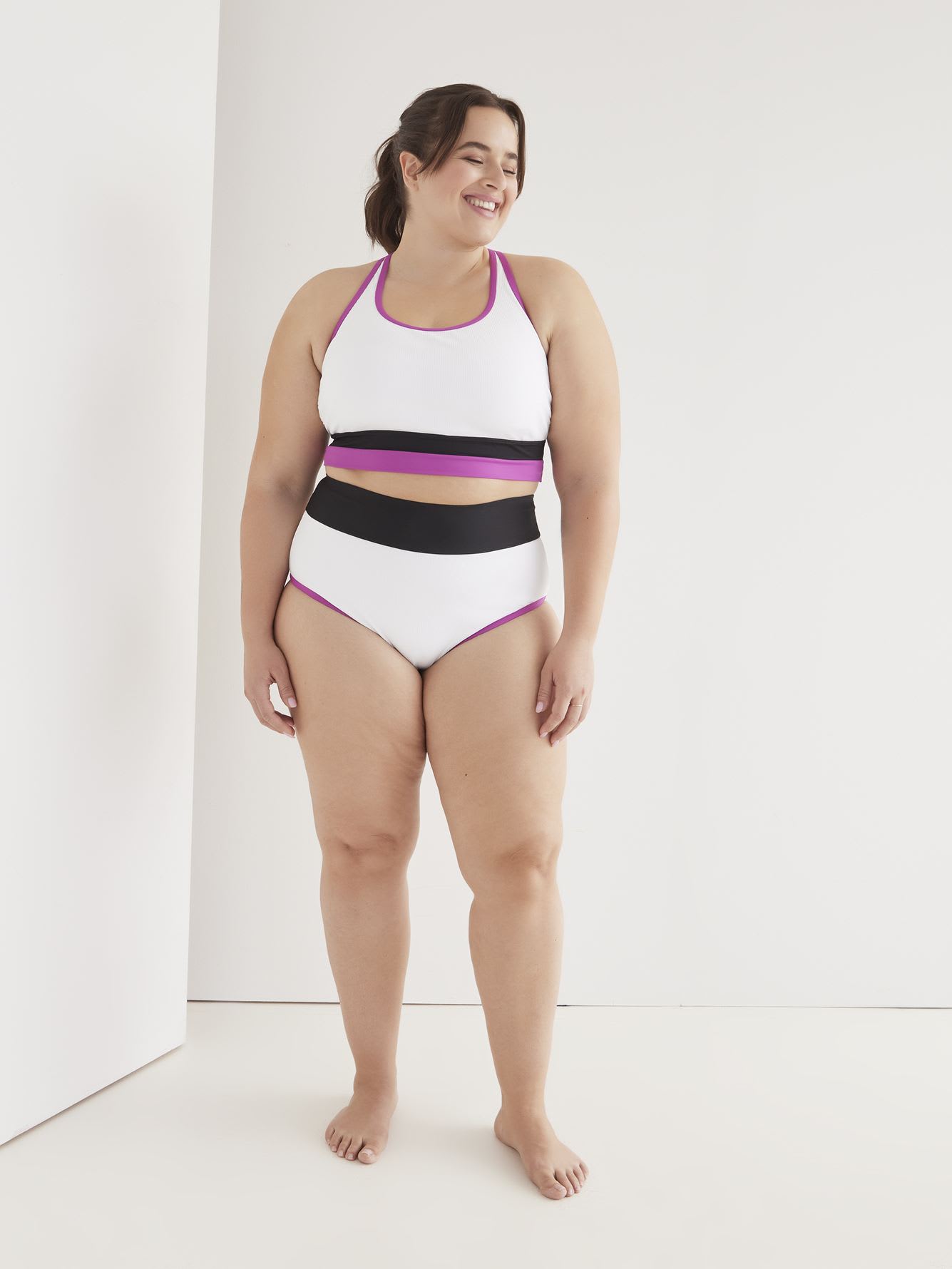 White Ribbed Colourblock High-Waisted Swim Brief - Active Zone