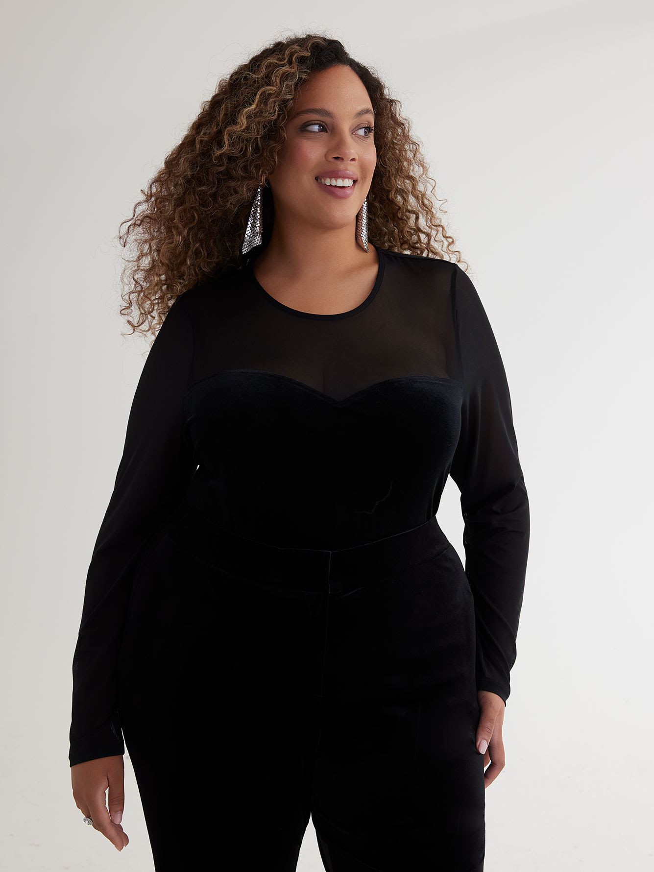 Black Mesh and Velvet Knit Top