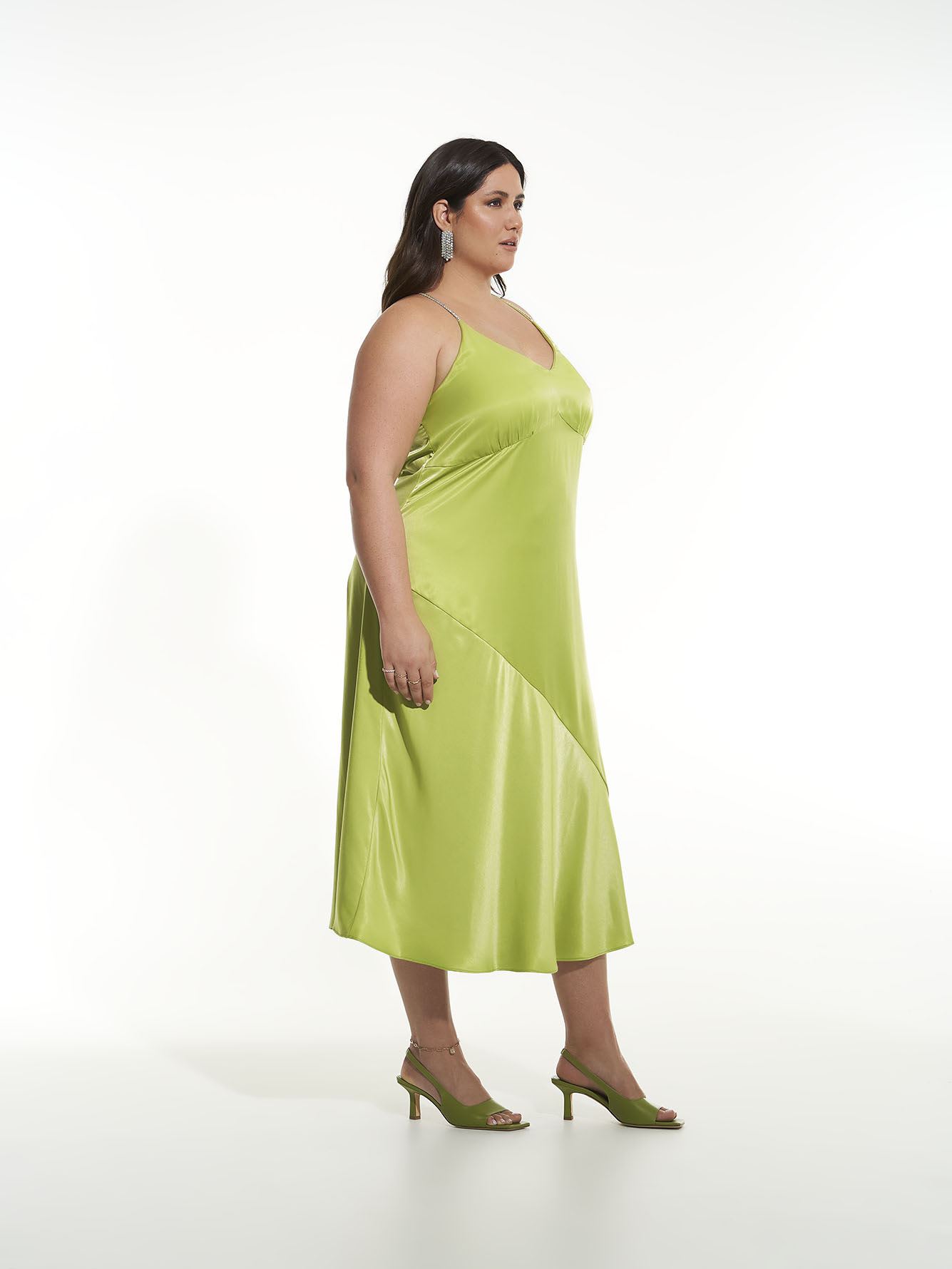 Satin Slip Midi Dress with Rhinestones Straps - Addition Elle
