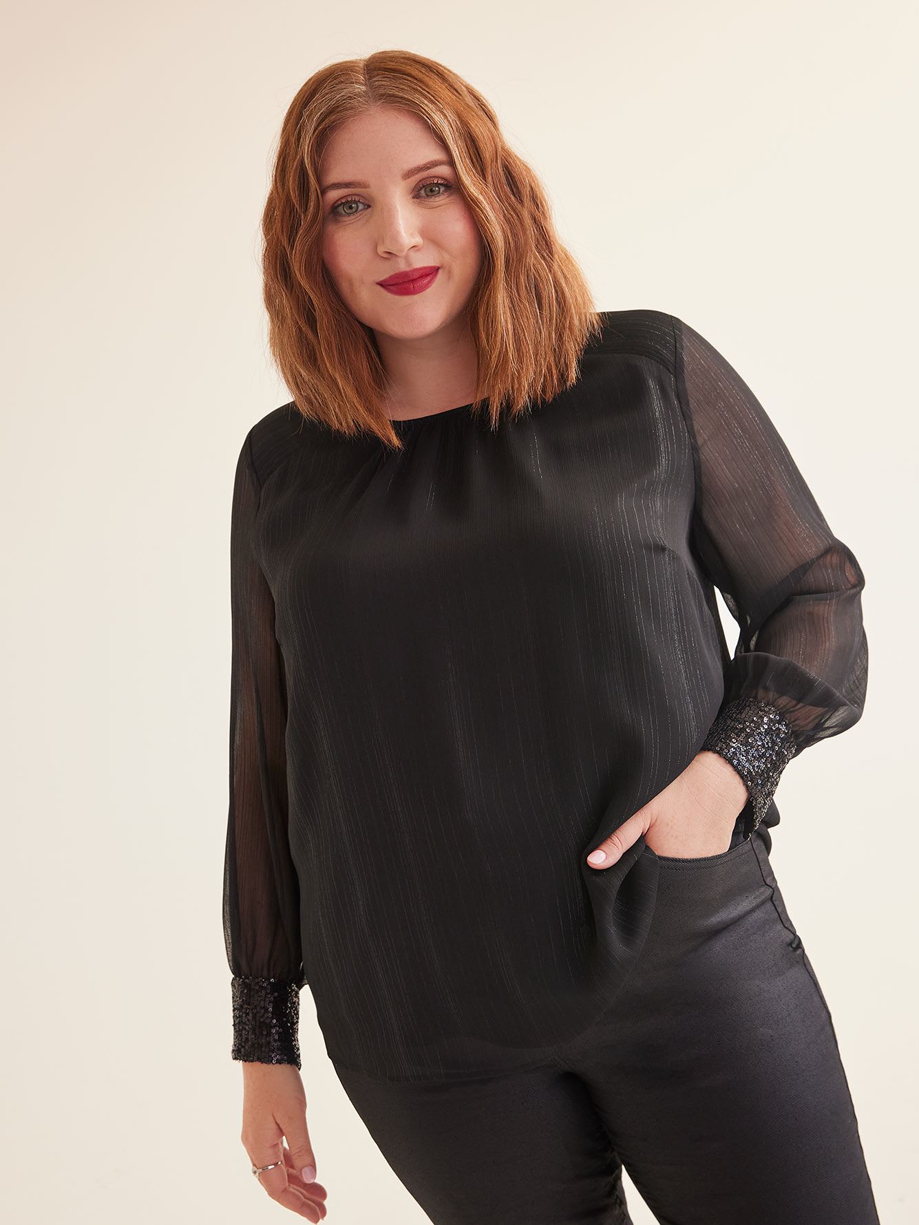 Black Swing Blouse with Sequins at Cuffs