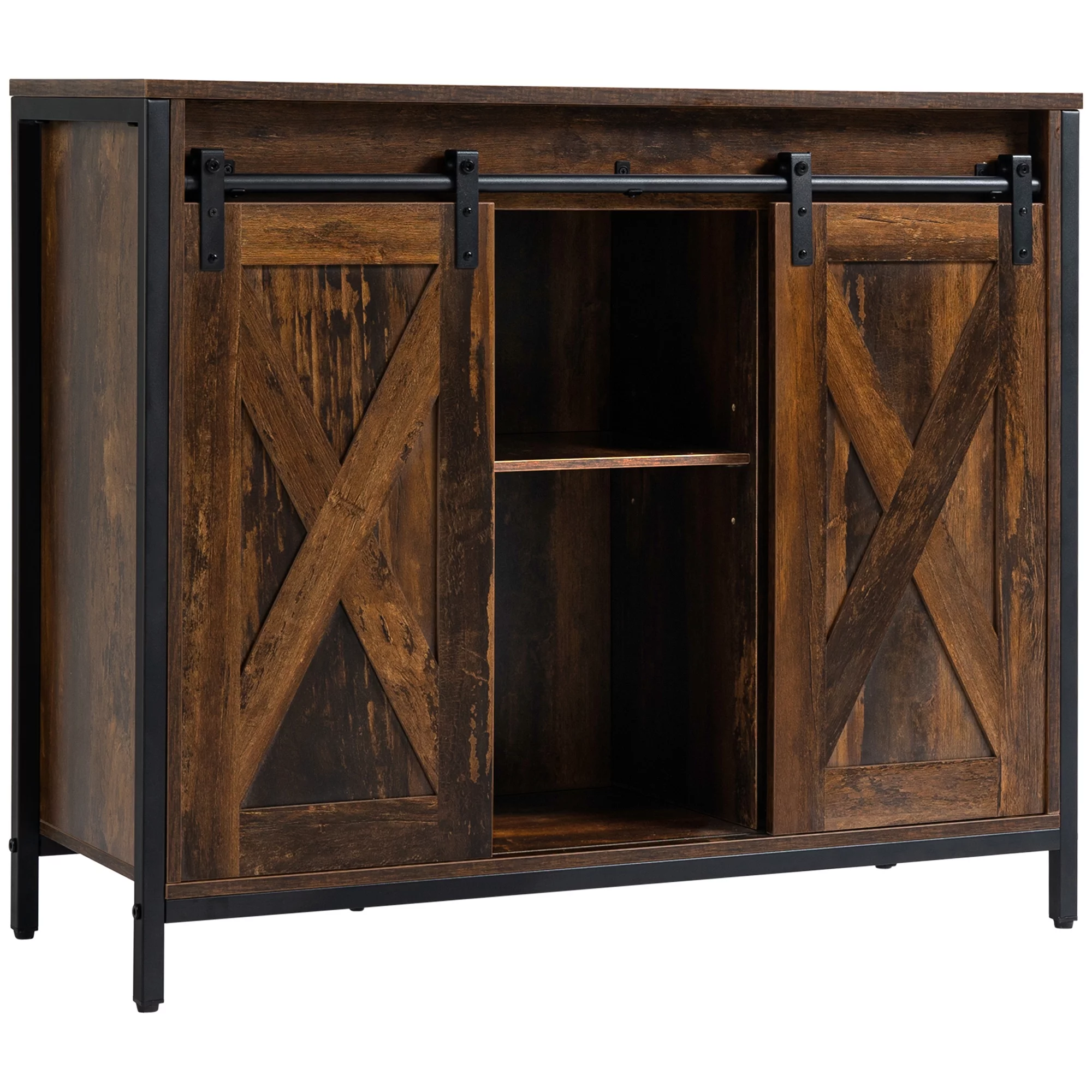 HOMCOM Industrial Sideboard, Buffet Cabinet with Sliding Barn Doors, Storage Cabinets and Adjustable Shelves for Living Room, Kitchen, Home Bar, Rustic Brown