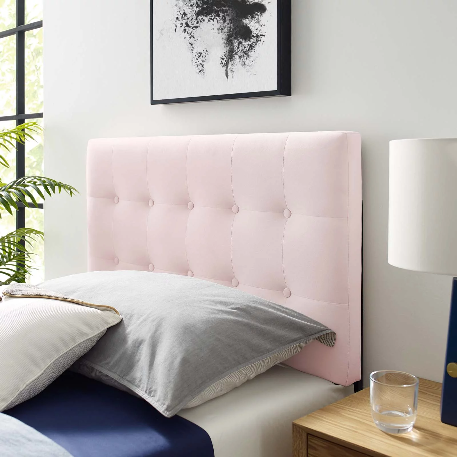 Contemporary Modern Urban Designer Bedroom Twin Size Tufted Headboard, Velvet Fabric, Pink
