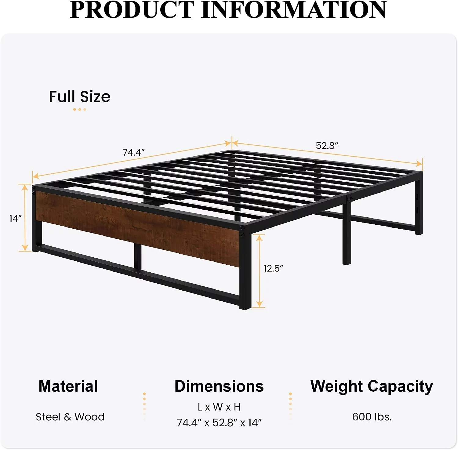14'' Full Size Metal Platform Bed Frame with Rustic Wood & Reverse Holes/Ample Under-Bed Storage Space/Mattress Foundation/No Box Spring Needed/Easy Assembly/Noise Free, Metal Slats