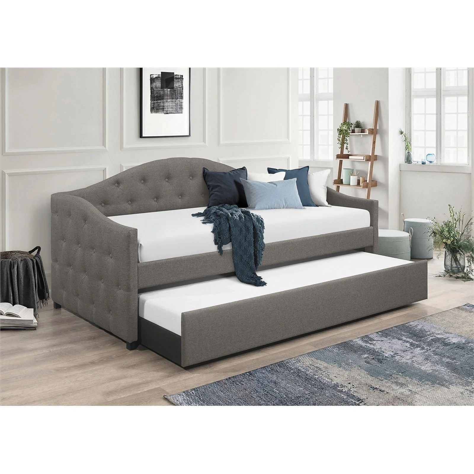Pemberly Row Modern Fabric Upholstered Twin Daybed with Trundle in Gray
