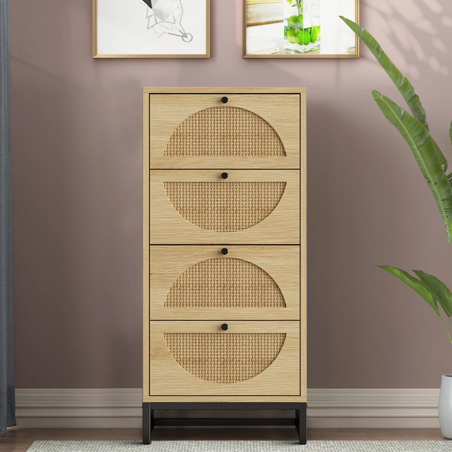 Vintage Style Wood Storage Cabinet with Metal Handles and 4 Drawers for Dining Room, Living Room, Natural