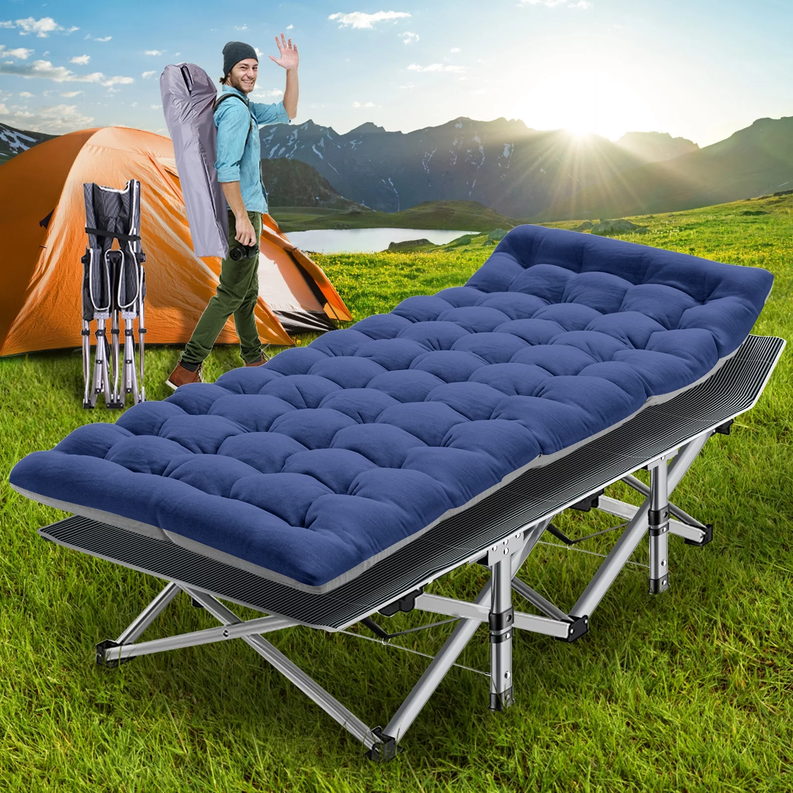 Slsy Adult Folding Camping Cots with 2 Sided Mattress, Portable Sleeping Cot Folding Outdoor Bed with Carry Bag, Folding Guest Bed Military Cot Tent Cot