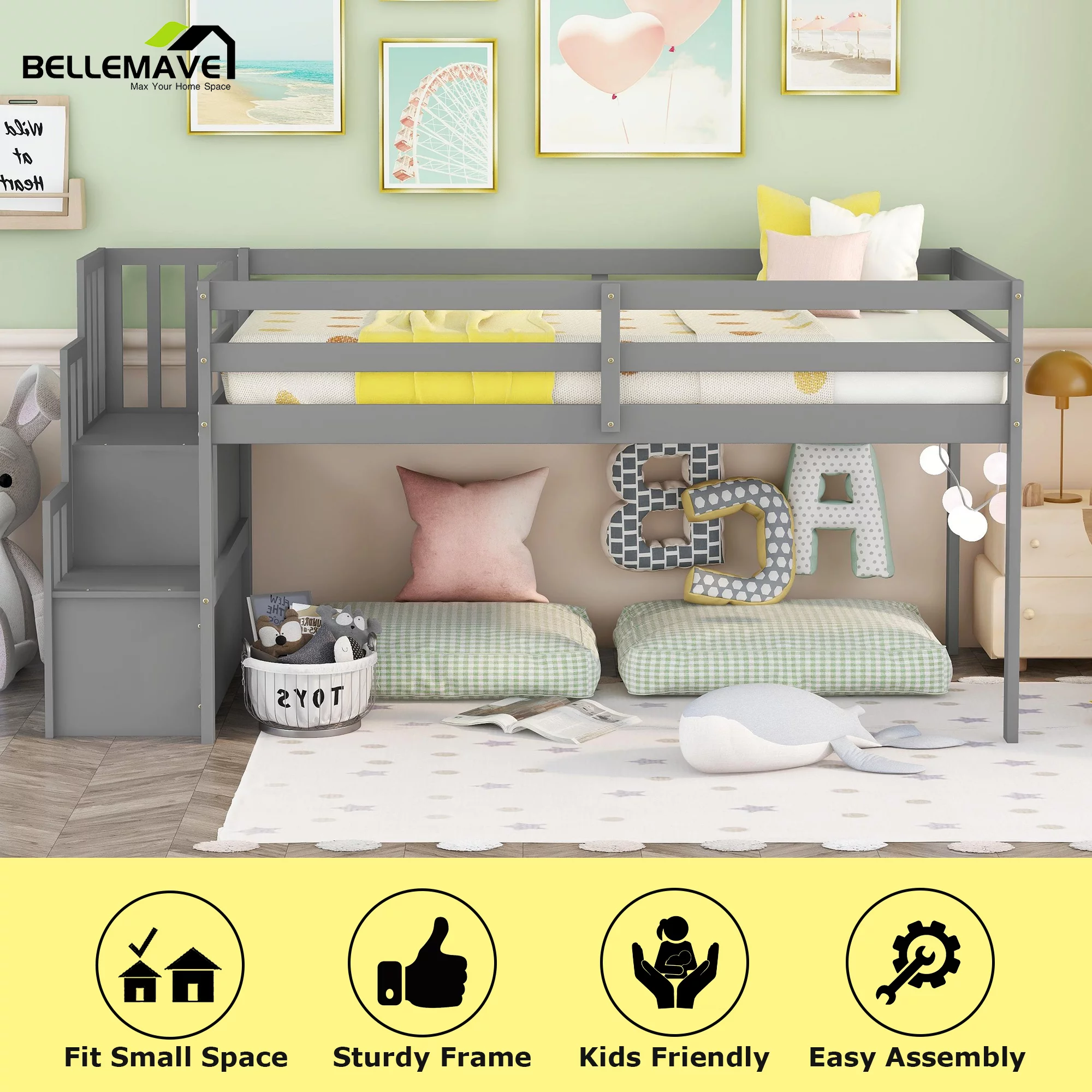 Bellemave Twin Loft Bed with Stairs and Storage, Wood Low Loft Bed for Kids, Toddlers & Teens (Gray)