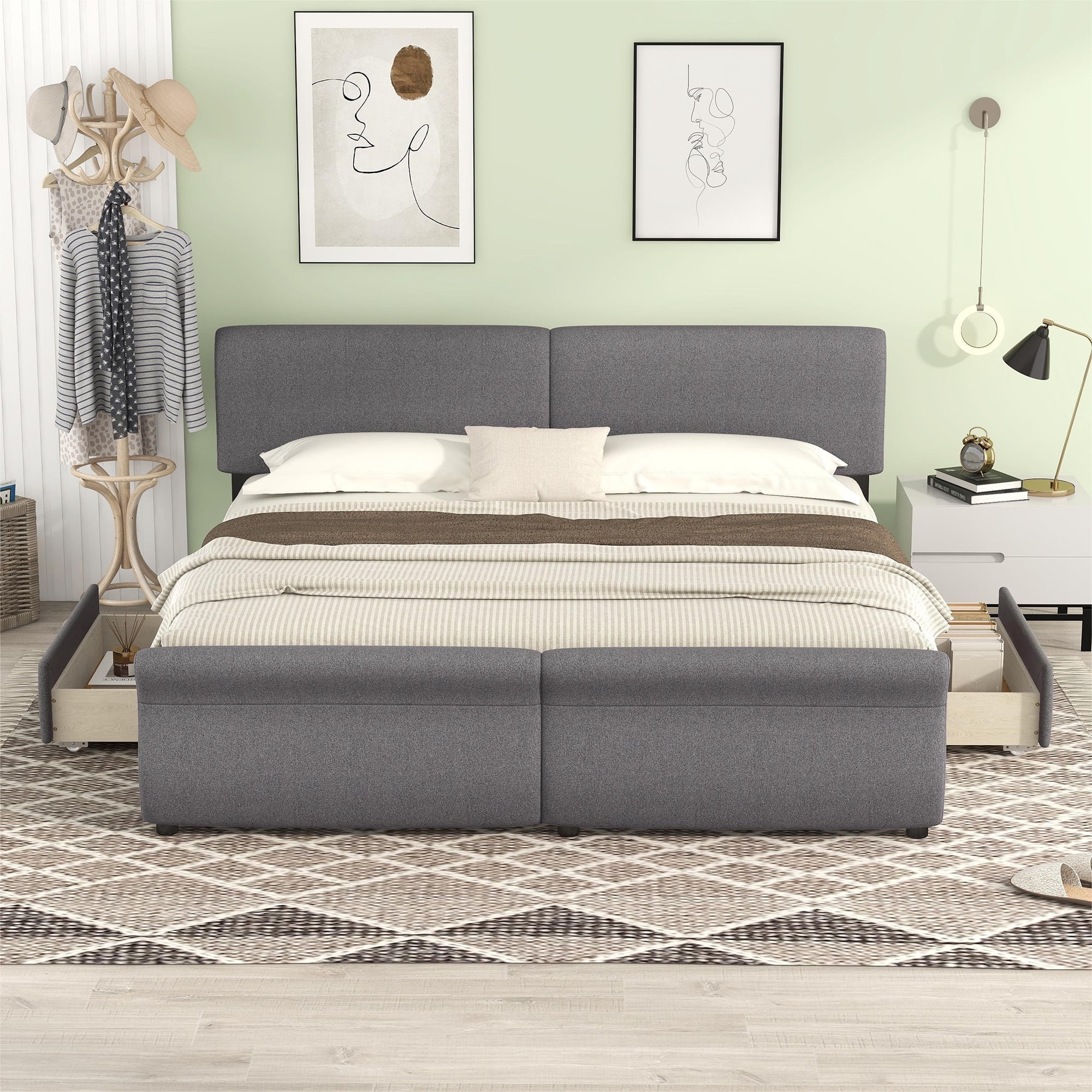 EUROCO Modern King Size Upholstery Platform Bed with Two Drawers for Kids Teen Adults, Upholstery Headboard, Gray