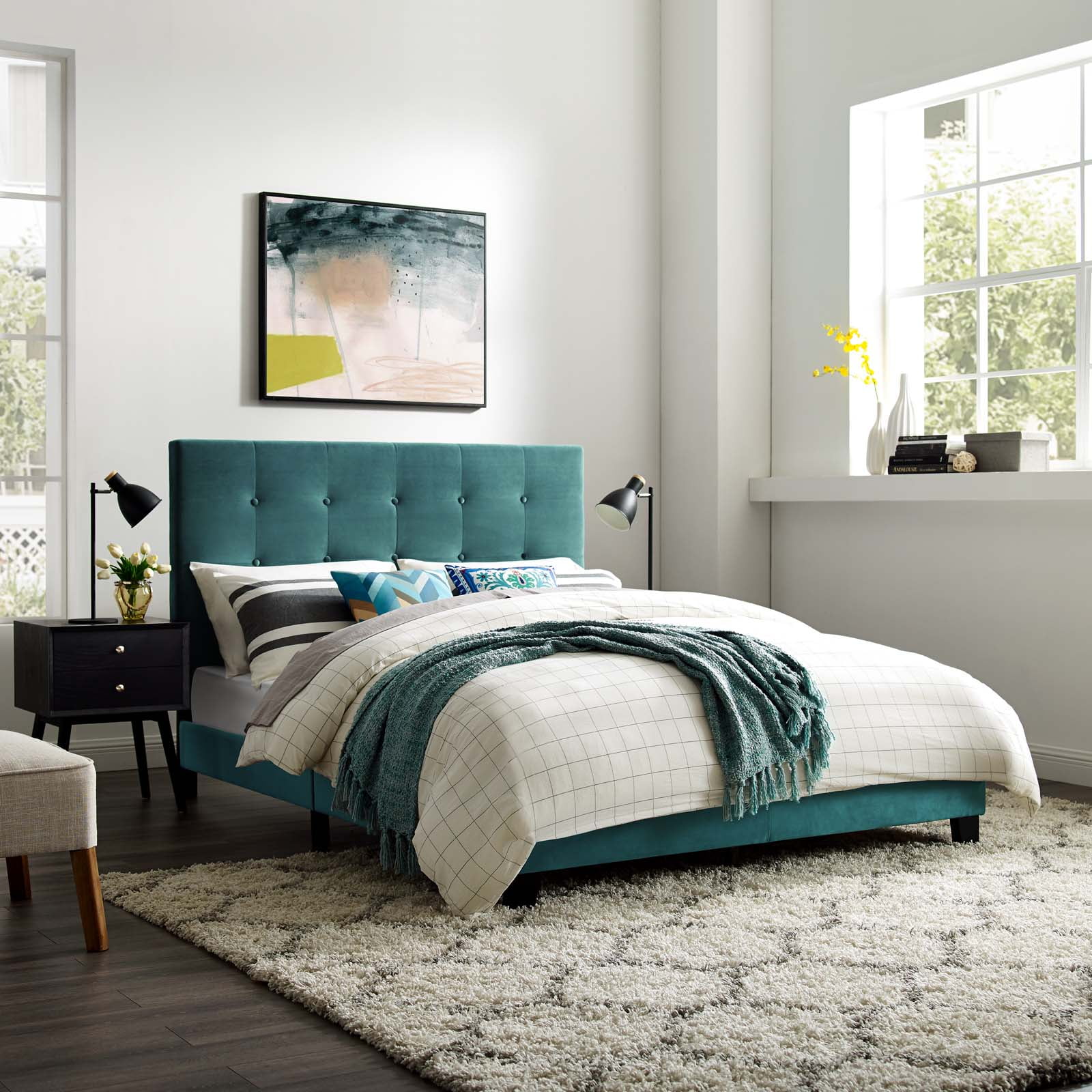 Modway Melanie Full Tufted Button Upholstered Performance Velvet Platform Bed in Sea Blue