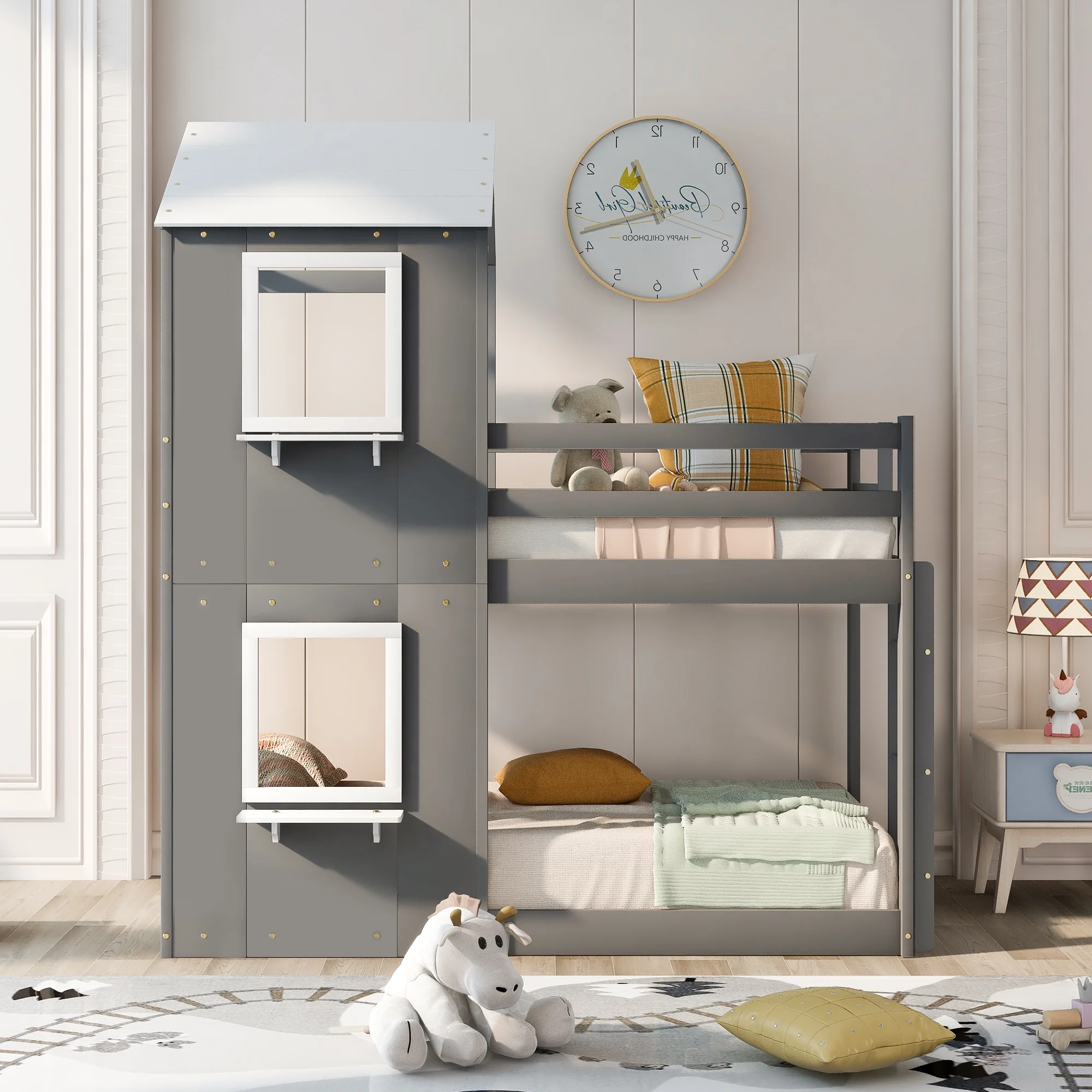 Adrinfly Twin Over Twin Bunk Bed Wood Bed with Roof, Window, Guardrail, Ladder (White)