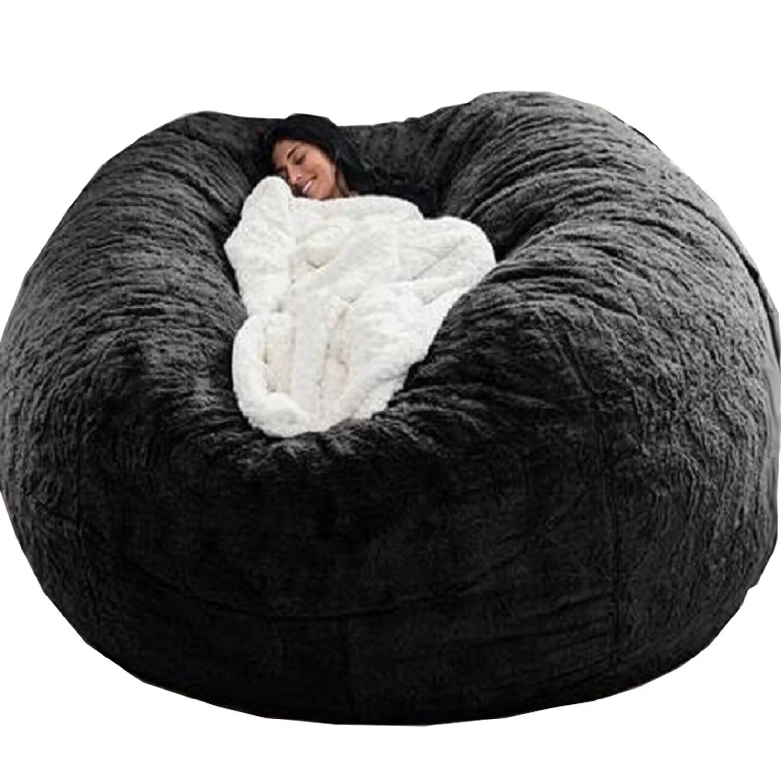 SHANNA Bean Bag Chair Cover Lazy Sofa Cover Round Soft Fluffy Faux Fur BeanBag Cover, 5ft, Black