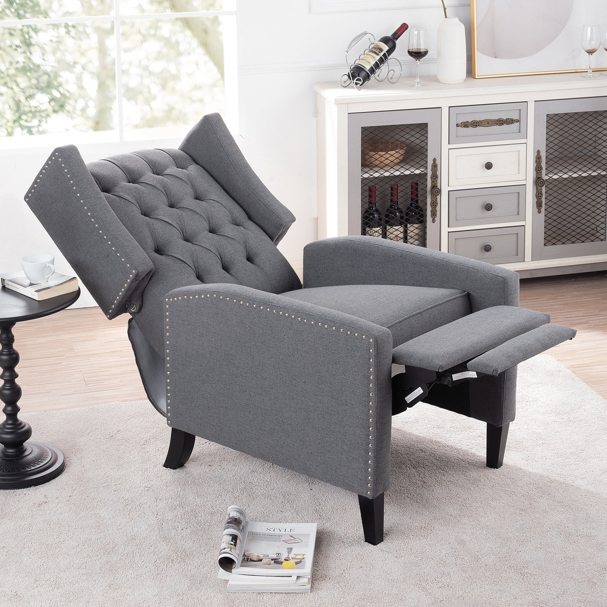 Grey Manual Wing Chair Recliner with Adjustable Chaise Longue and Solid Wood Frame