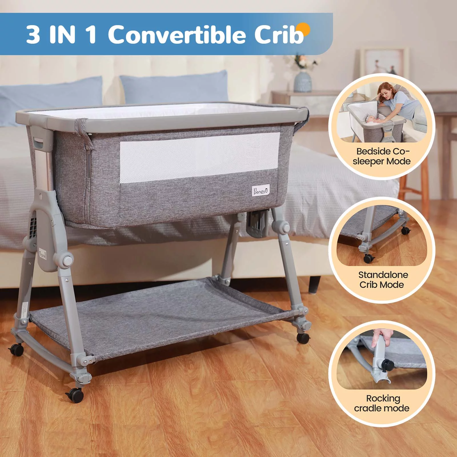 Li'l Pengyu Baby Bassinets Bedside Sleeper, Side Sleeper Bassinet for Baby for Newborn Babies with Storage Basket, Cotton Mattress,Travel Bag, Small Rocking Cradle, Large Breathable Mesh