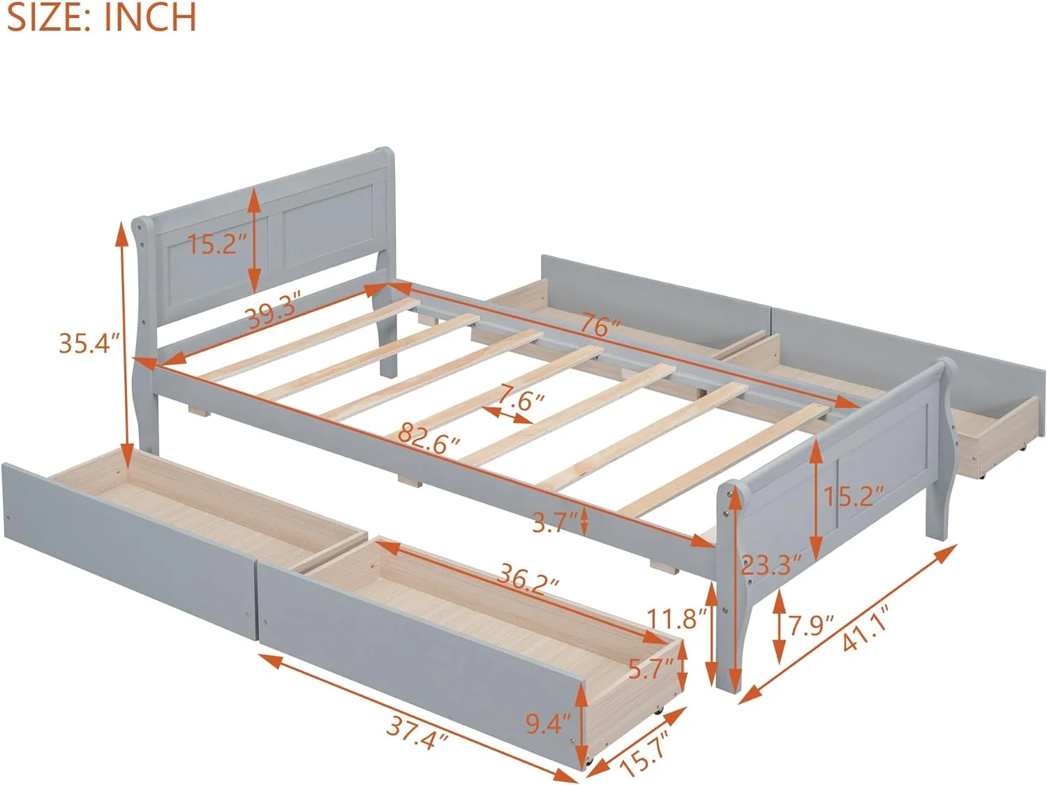 Wood Platform Bed, Size Platform Bed With 4 Storage Drawers, Platform Bed With Head Ad Footboard, Grey