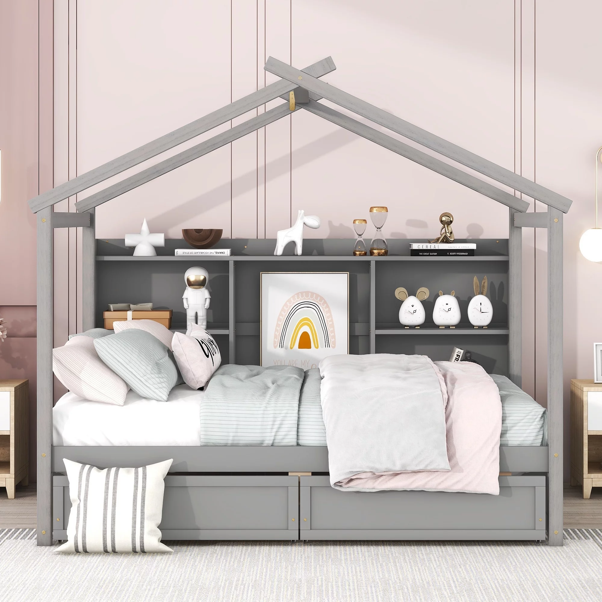 Full Size Wood House Daybed Bed with Storage Shelves and 2 Drawers, Wood Slats Support, Platform Bed, No Box Spring Needed, Easy Assembly(Gray, Full)