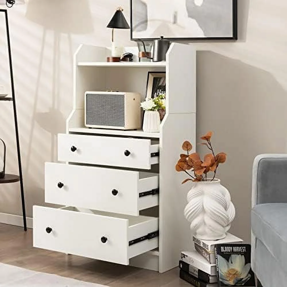 HOOMHIBIU 3 Drawers Dresser for Bedroom - Modern  Dresser Chest of Drawers with 2 Shelves  3 Pull-Out Drawers  Anti-toppling Device   Organizer for Bedroom  Living Room  Entryway  White