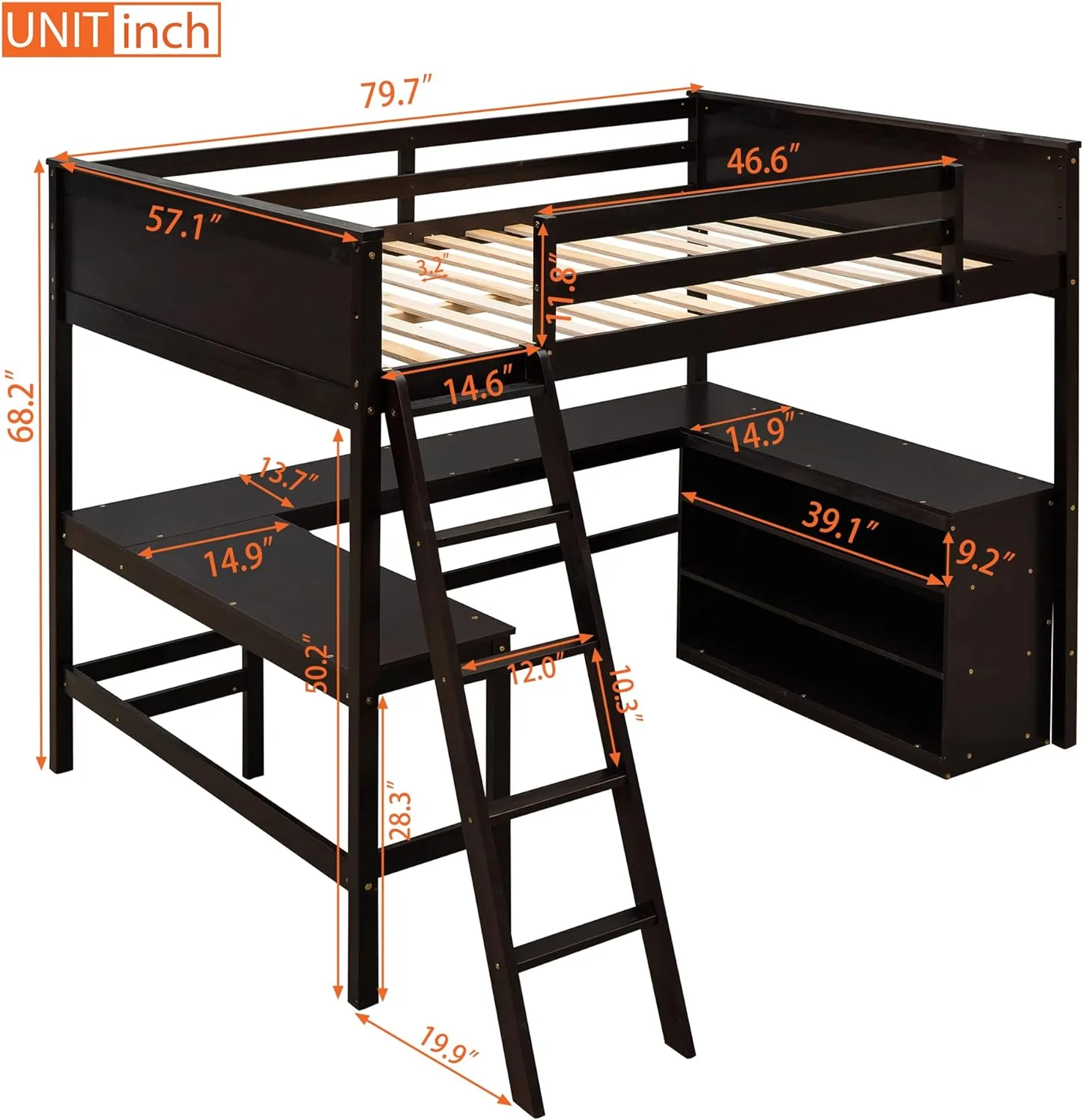 Full Loft Bed With Desk And Shelves, Wooden Loft Bed With Storage, High Full Loft Bed With Ladder And Guardrail For Kids Teens Boys Girls, Espresso