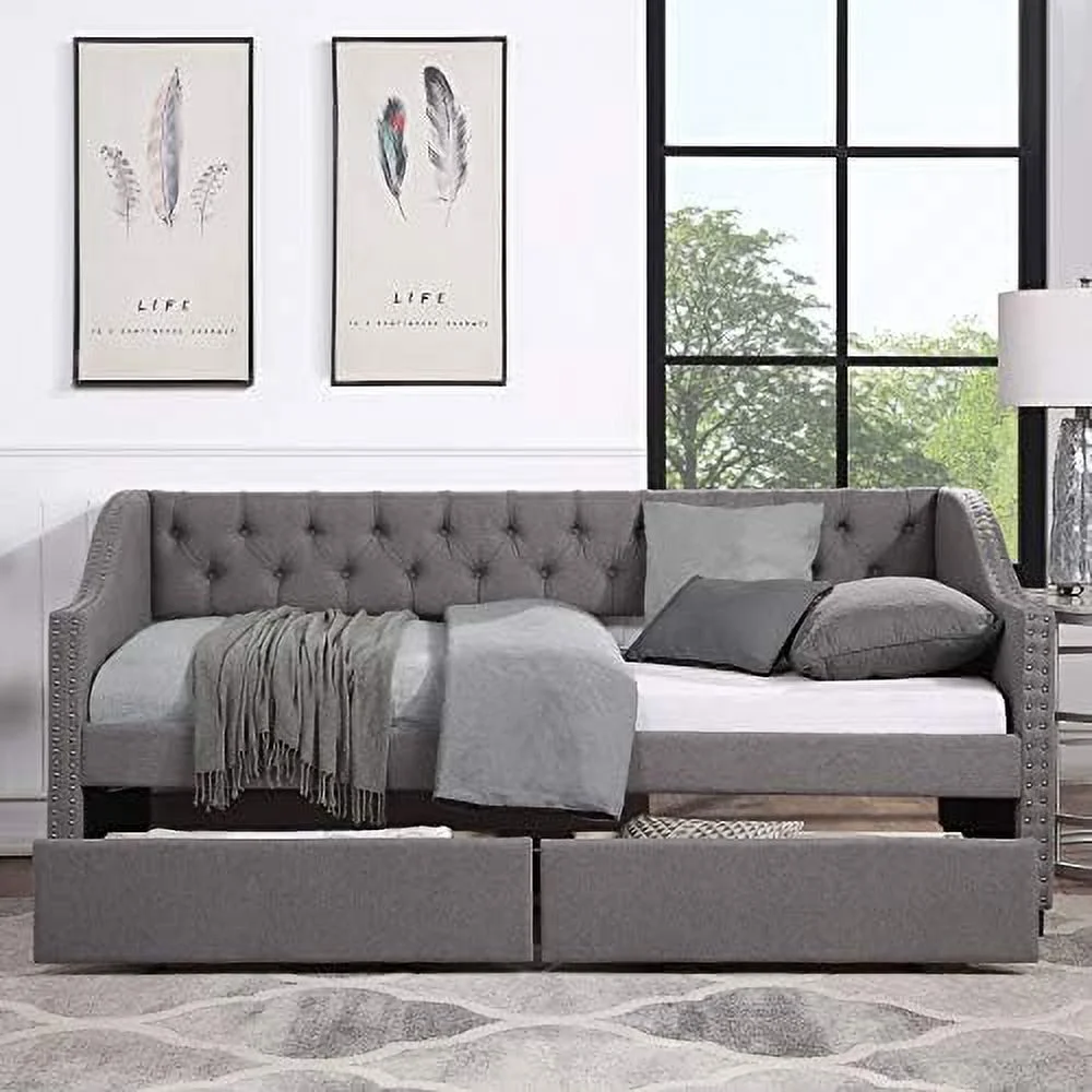 Upholstered Daybed With Two Storage Drawers, Tufted Sofa Bed Daybed With Nailhead Trim And Support (Grey) Wood Slat
