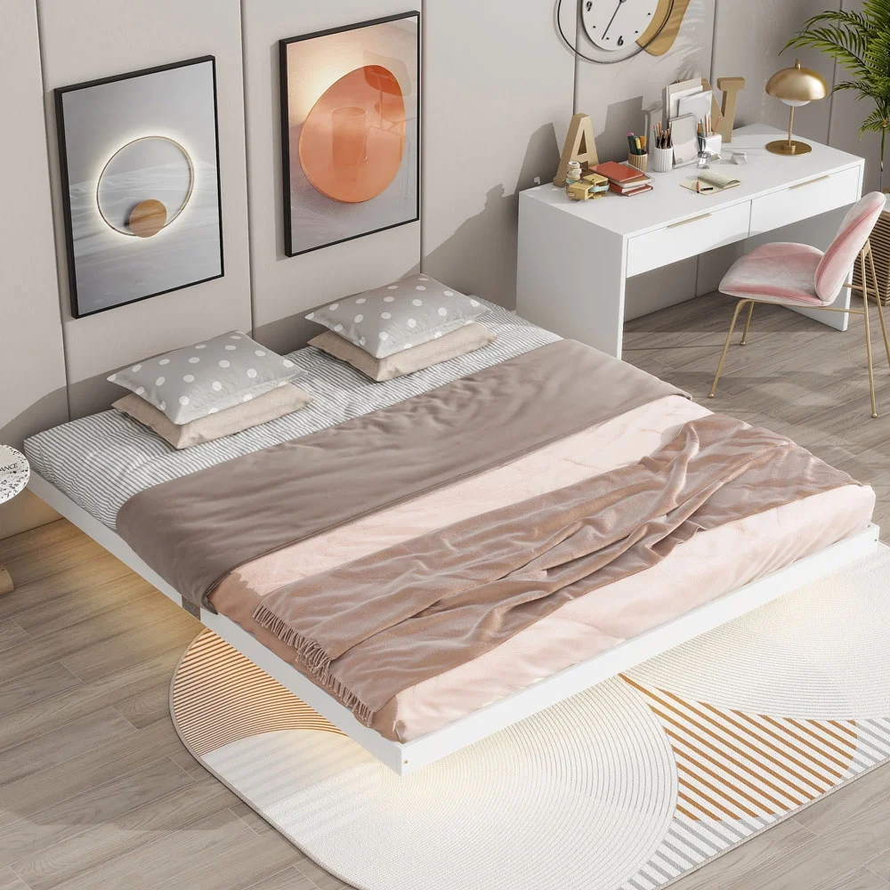 Yone jx je King Size Floating Bed with LED Lights Underneath,Solid Wood Floating Bed Frames,Modern King Size Low Profile Platform Bed with LED Lights,White