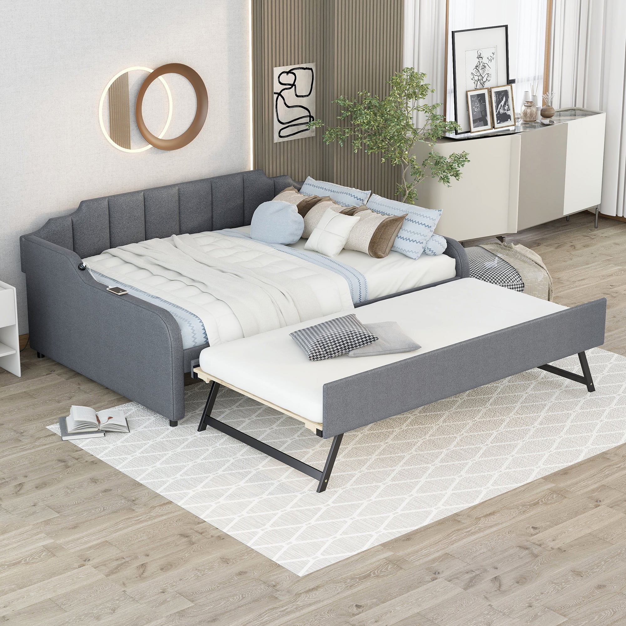 CoSoTower Full Size Upholstery Daybed with Trundle and USB Charging Design, Trundle Can Be Flat or Erected, Gray