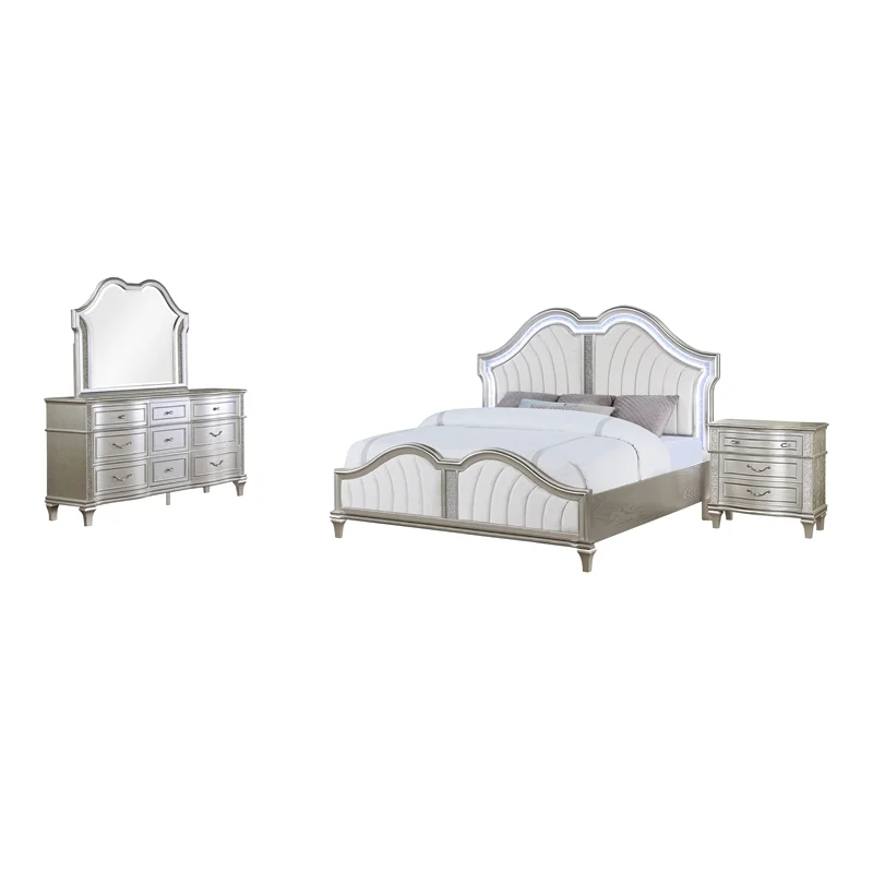 Evangeline 4-piece Upholstered Platform Queen Bedroom Set Ivory and Silver Oak