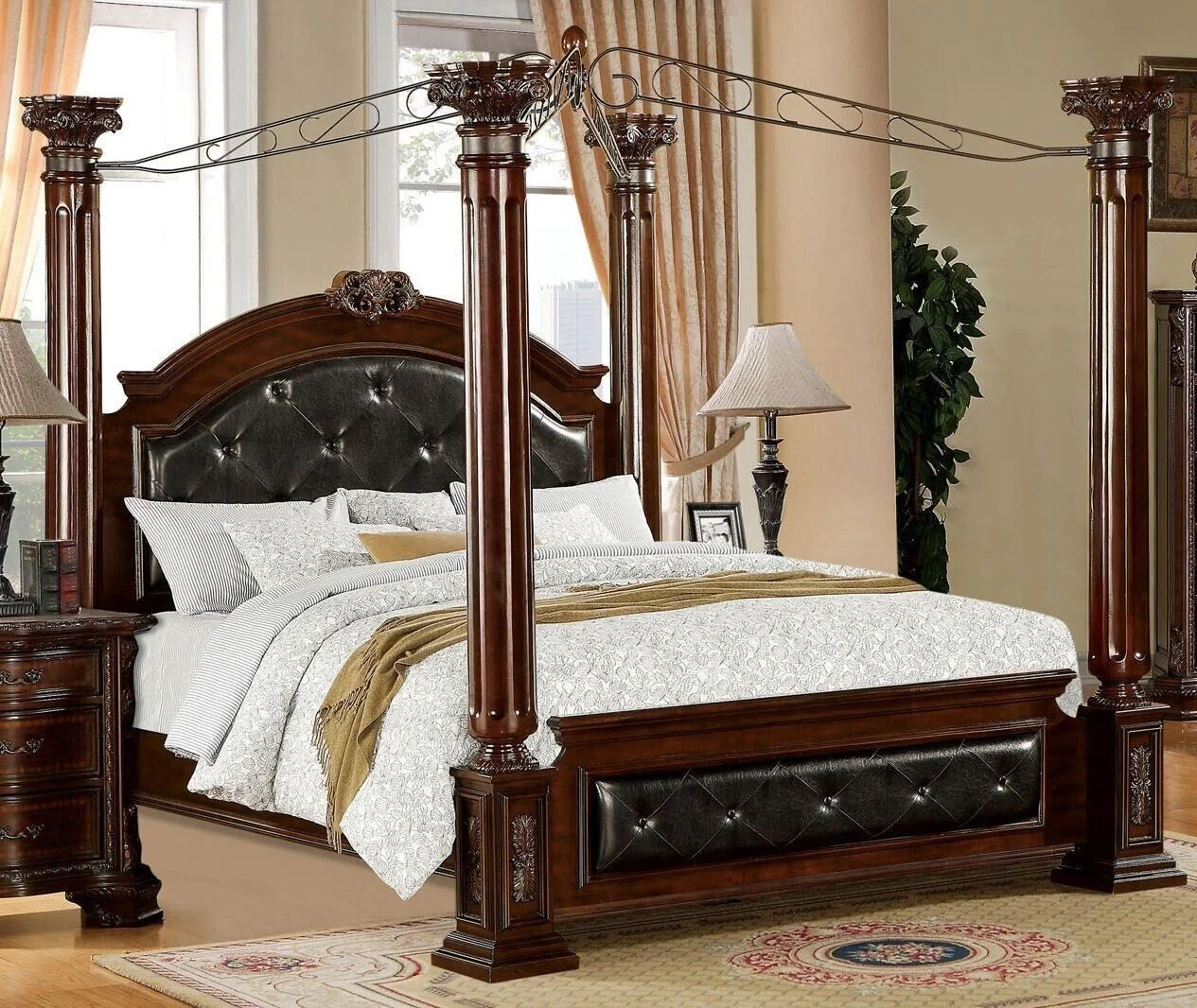 Formal Traditional 1pc Queen Size Bed w Canopy Posters Solidwood Leatherette Tufted HB FB Brown Cherry Bedroom Furniture