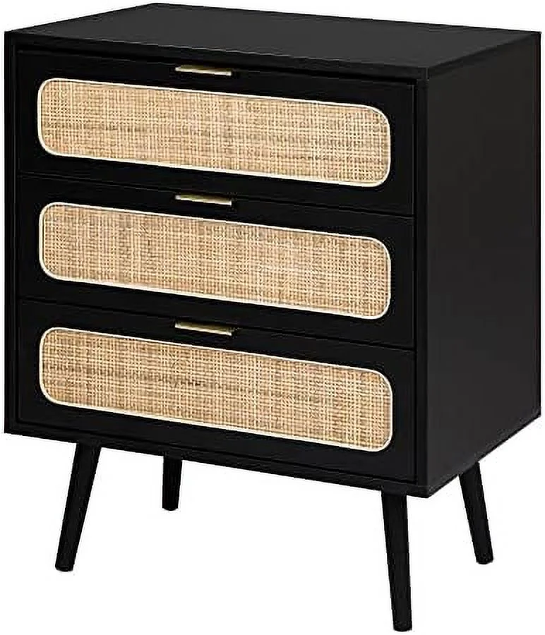 TJUNBOLIFE 2 Sets of Rattan Nightstand Dresser Chest of 3 Drawers  Wood  Dresser Cabinet Organizer Unit for Bedroom Living Room Closet Office(Black)