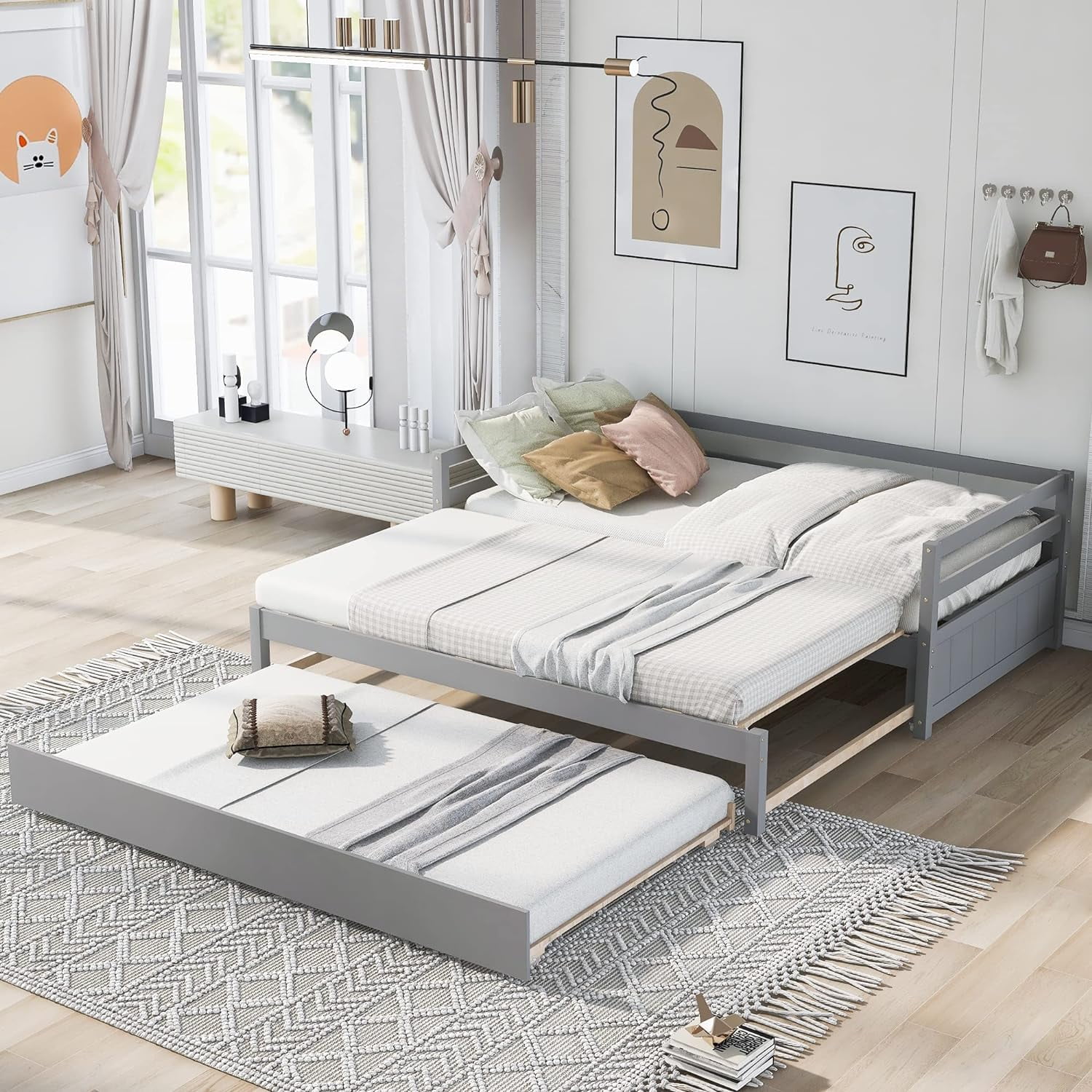 Exedable Daybed Wih rudle, Solid Wood Or Dble Daybed Wih A Pull rudle, o Kig Desig Exedig Sofa Bed Livig Room, Bedroom, Gues Room (Grey)
