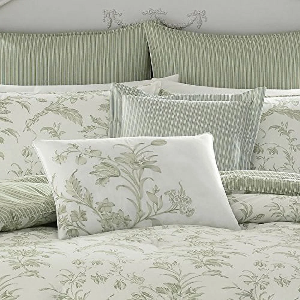 Laura Ashley Home - Queen Size Comforter Set, Reversible Cotton Bedding, Includes Matching Shams with Bonus Euro Shams & Throw Pillows (Natalie Sage/Off White, Queen) Queen Sage/Off White