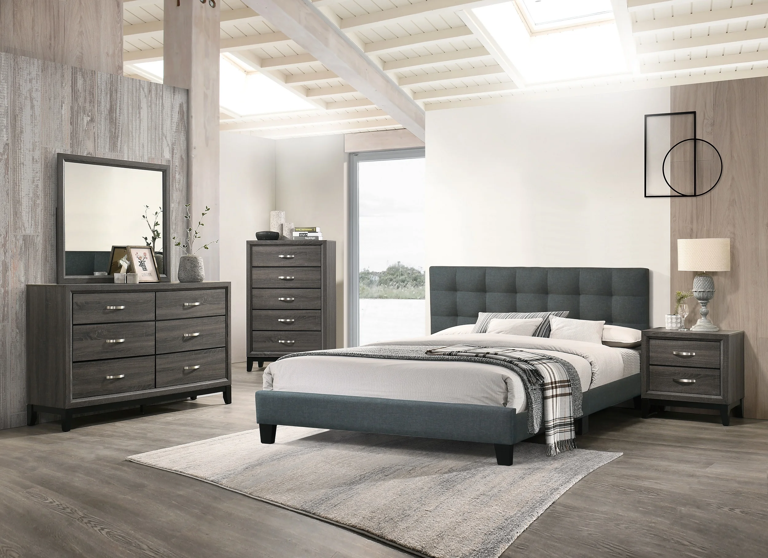 Bedroom furniture Charcoal Polyfiber Full Size bed Dresser Mirror Nightstand 4pc Set Plywood.