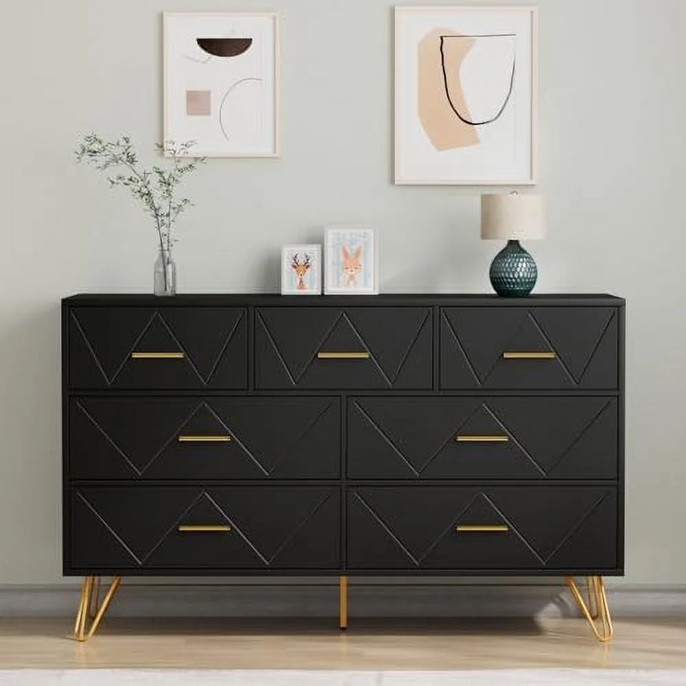 xrboomlife Black Dresser for Bedroom 7 Drawer Dresser with Wide Drawers and Metal Handles Wood Dressers & Chests of Drawers for Hallway entryway.