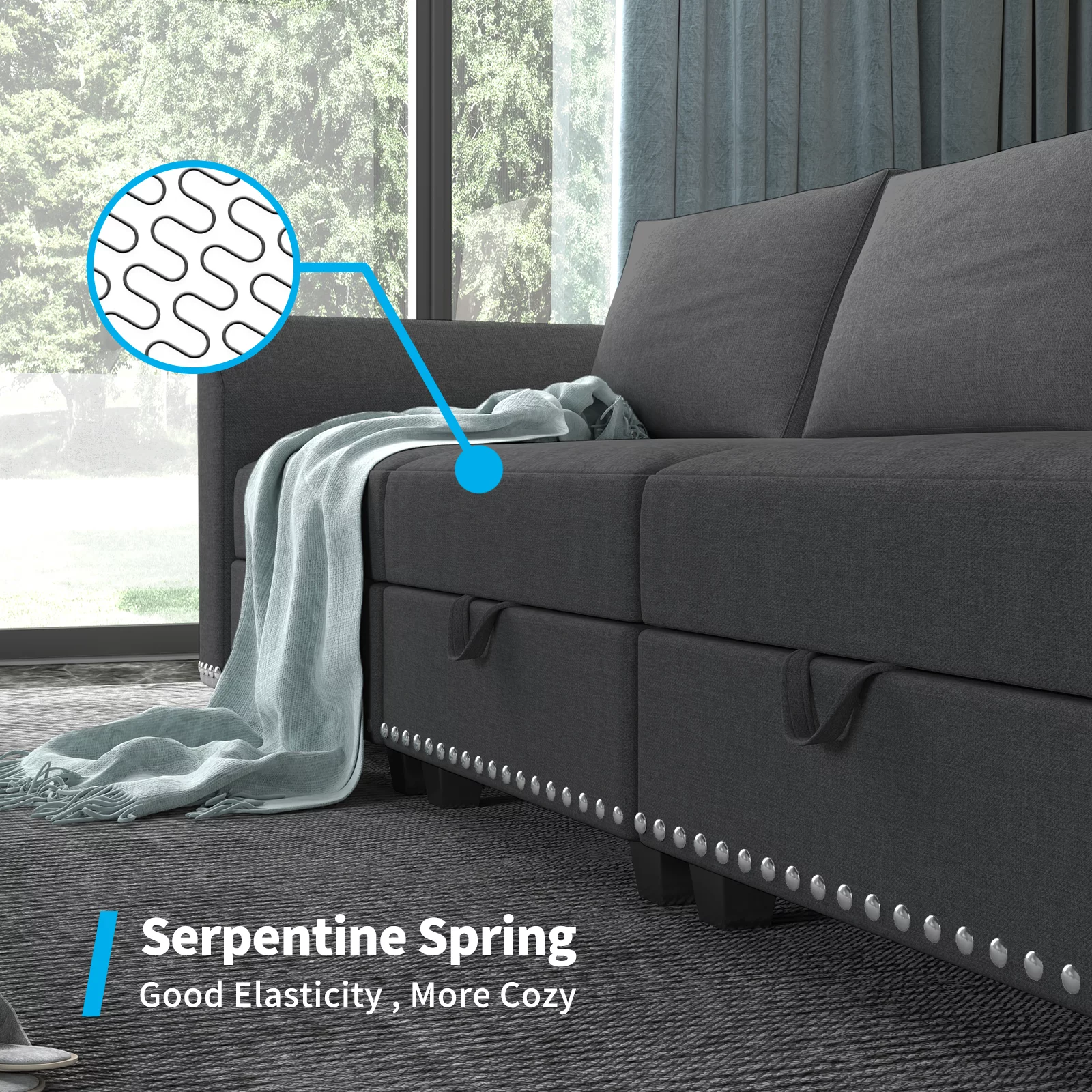 Mjkone U Shaped Sectional Sofa with Storage, 6 Seater Modular Sectional Sofa with Nailhead Trim, Oversized Sleeper Sofa Couch Bed, Convertible Couches for Living Room,Free Combination (Dark Grey）