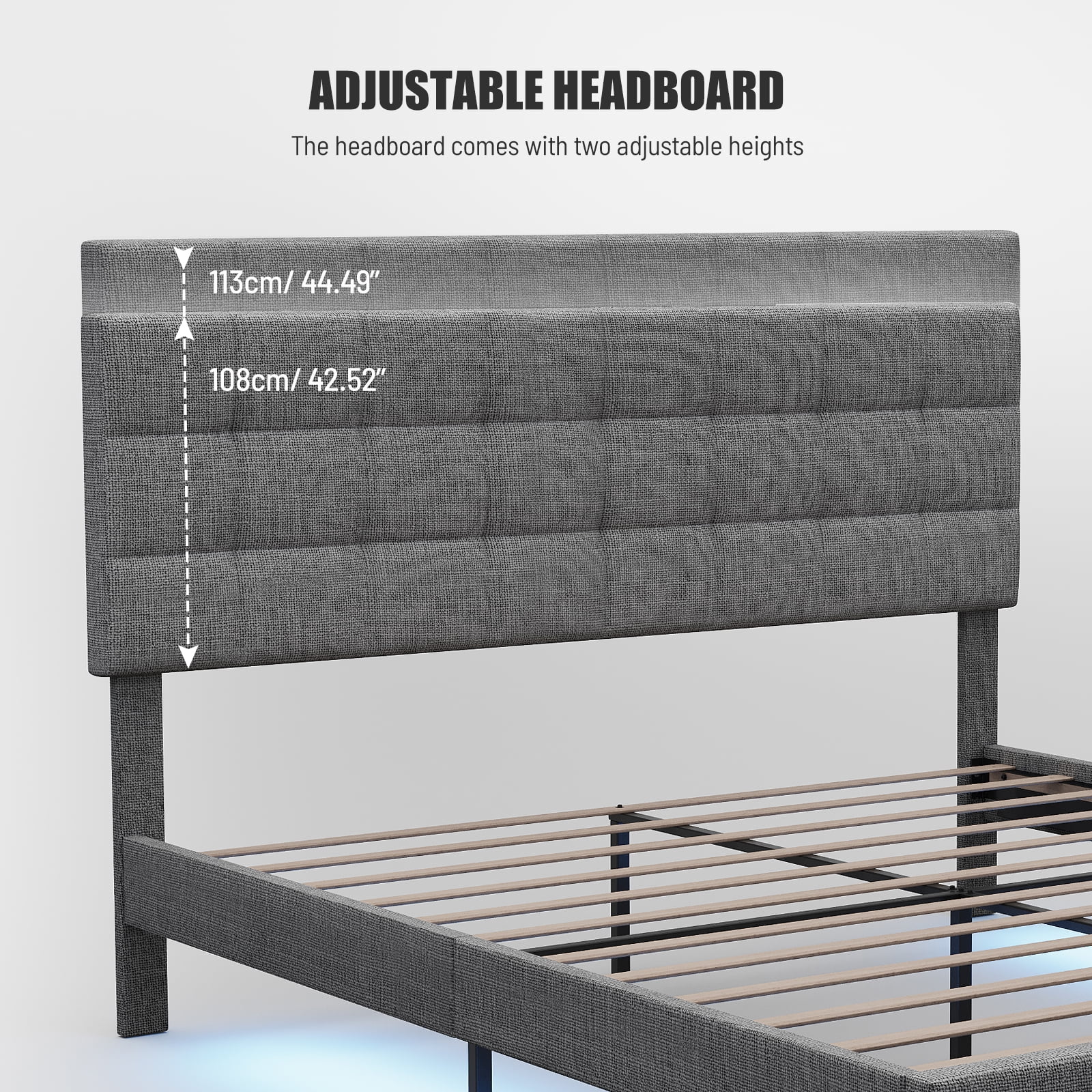 Dcenta Upholstered Queen Size Platform Bed Frame with RGB Stripe Linen Fabric Height Adjustable Headboard No Box Spring Needed GRAY