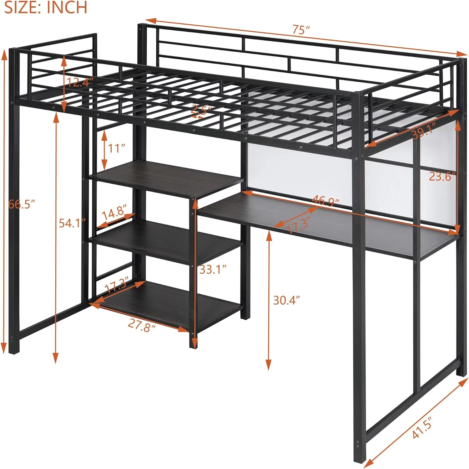 Loft Bed With Desk And 3 Shelves, Metal Size Loft Bed With Writing Board, Sapce Saving Loft Bed For Kids, Boys,Girls,Teens,Black