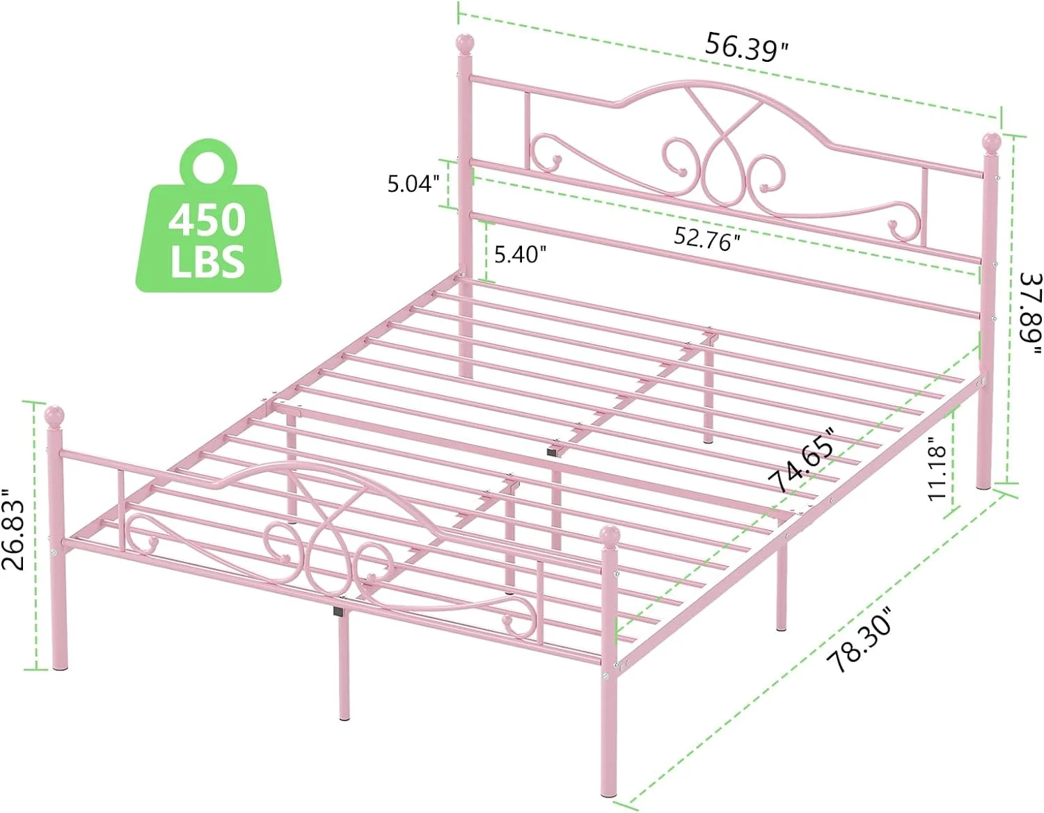 FJU Full Size Bed Frame, Modern Full Bed Frame with Headboard, No Box-Spring Needed Metal Bed Frame Full, Pink Full Size Platform Bed Frame with 11.23 Inches Storage Space Underneath