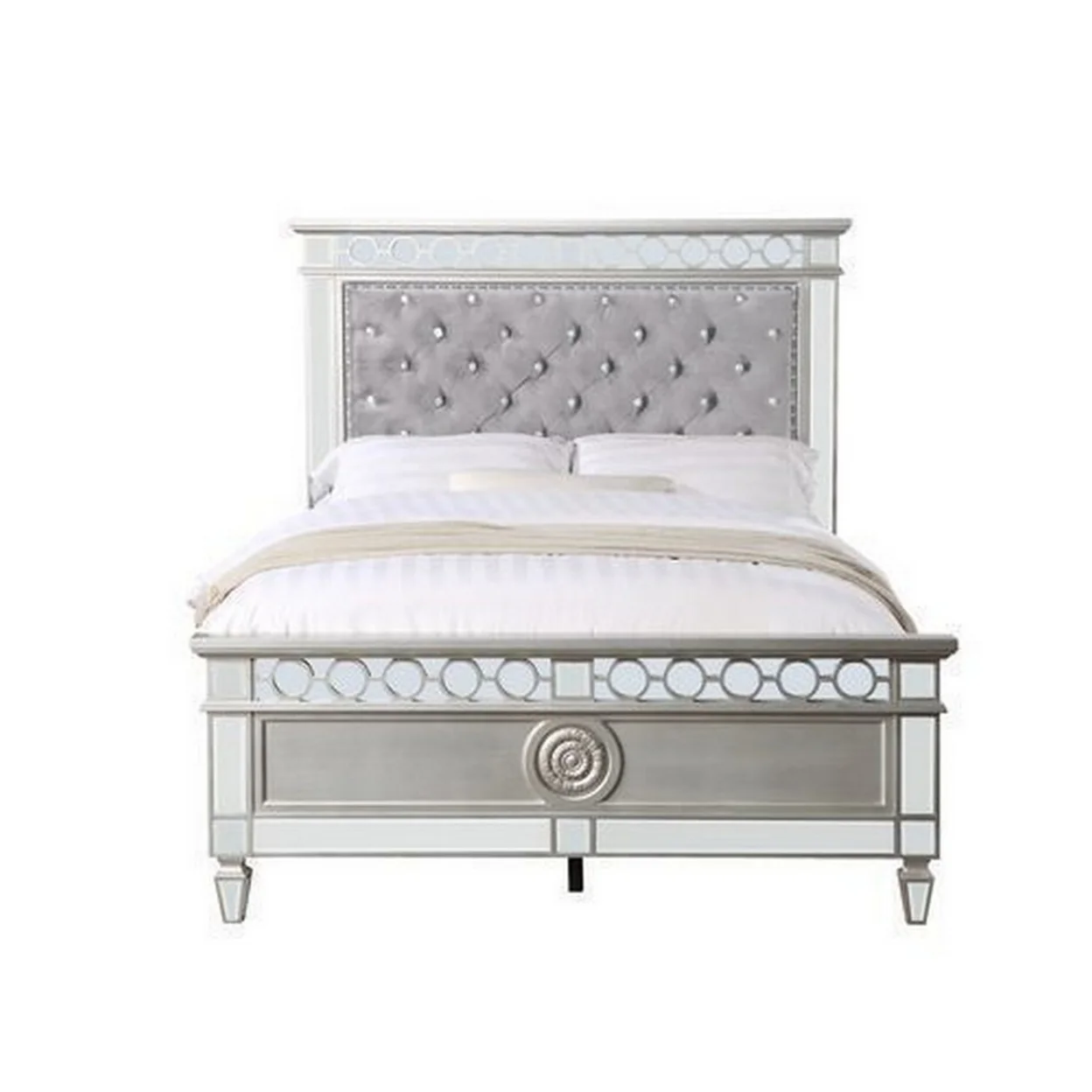 Eira Tufted Full Size Bed Smooth Gray Velvet Upholstery Glam Mirror Inlay- Saltoro Sherpi