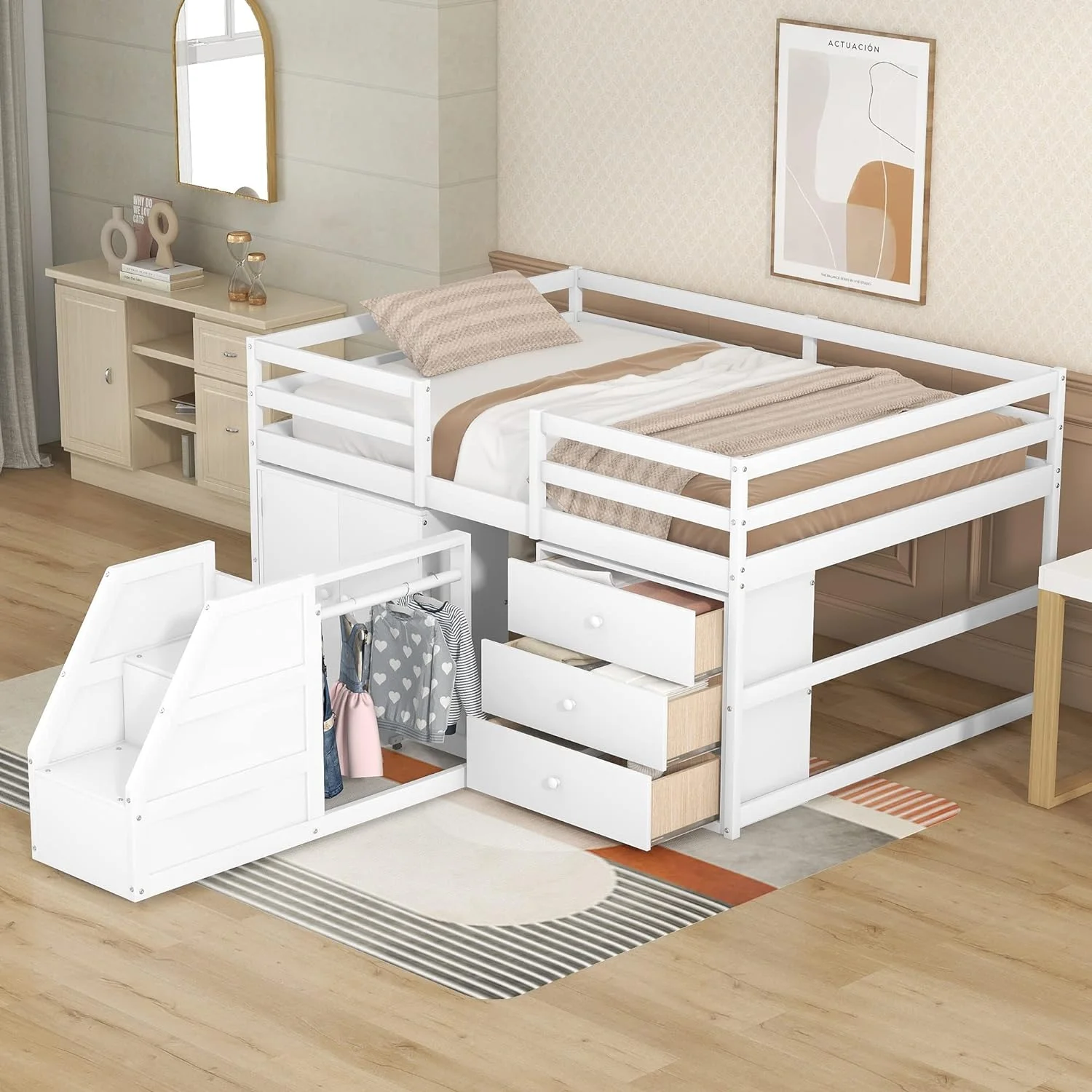 Full Size Lof Bed Wih Cabies Ad Drawers, Movable Saircase Wih Clohes Hagig Bar, Muli-Fucioal Solid Wood Bed Frame, Whie