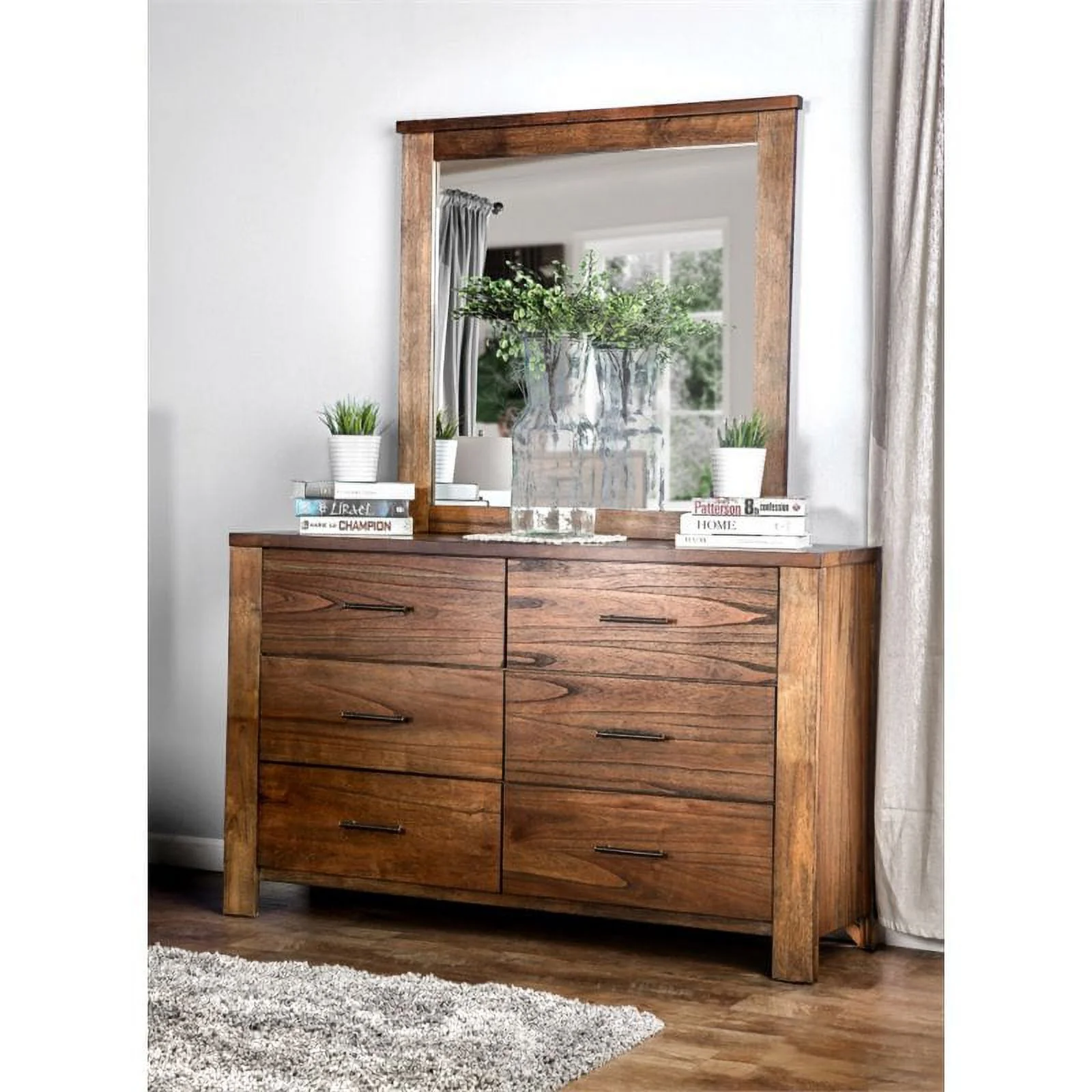 Bowery Hill 2-Piece Farmhouse Wood Dresser and Mirror in Antique Oak