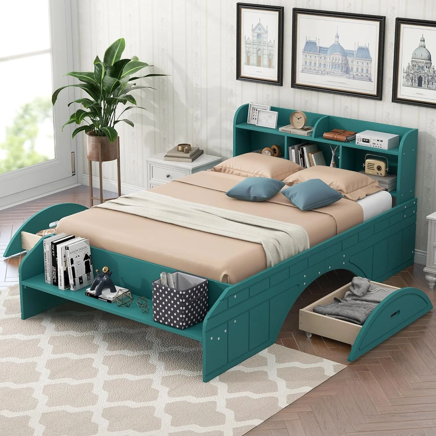 Wood Full Size Bed With Bookcase Headboard, Full Size Platform Bed Frame With 2 Drawers, Storage Headboard And Footboard, No Box Spring Needed, Green