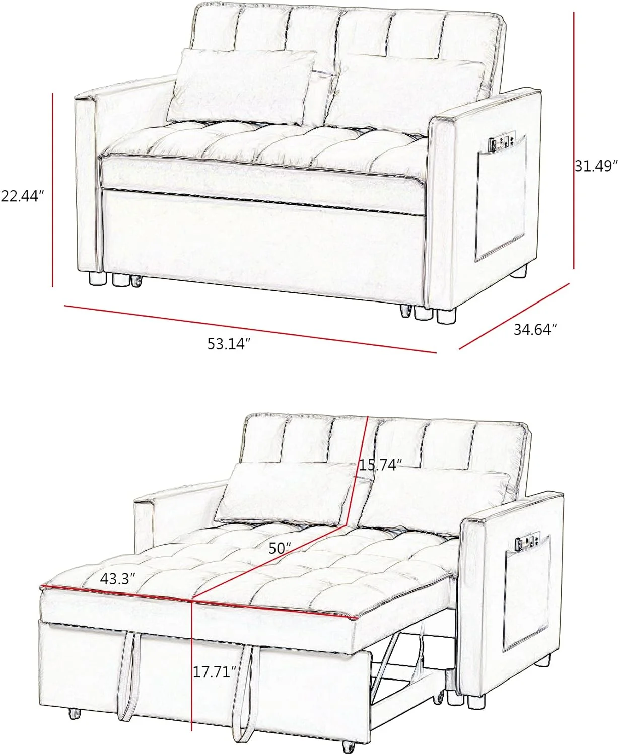 Pull Out Bed Sleeper Sofa Bed With Toss Pillows,Velvet Loveseat Futo Sofa Couch With Pockets,Loveseat Sofa Couch With Adjsutable Backrest For Livig Room