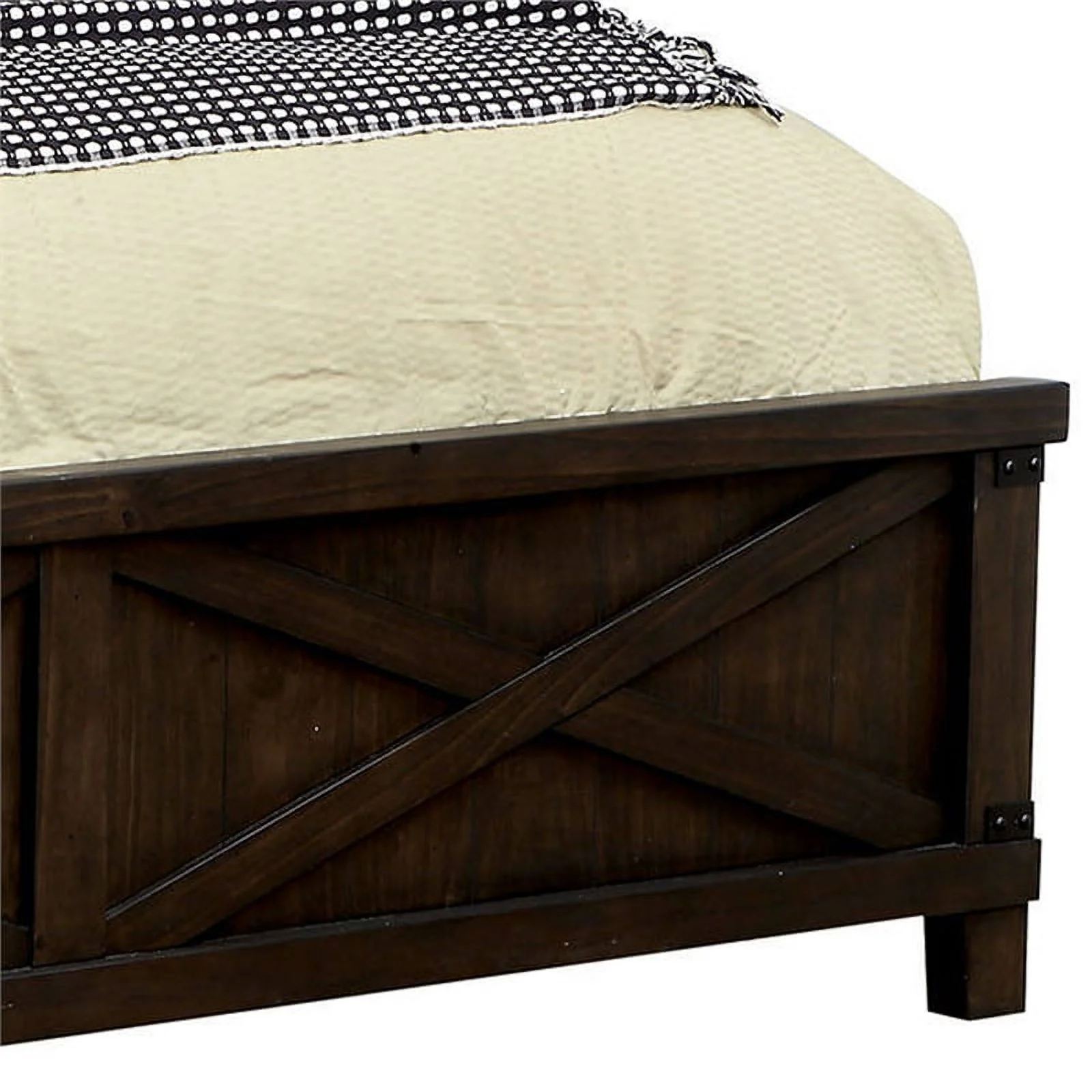 Wooden Queen Size Bed with Barn Style Plank Headboard and Footboard, Brown