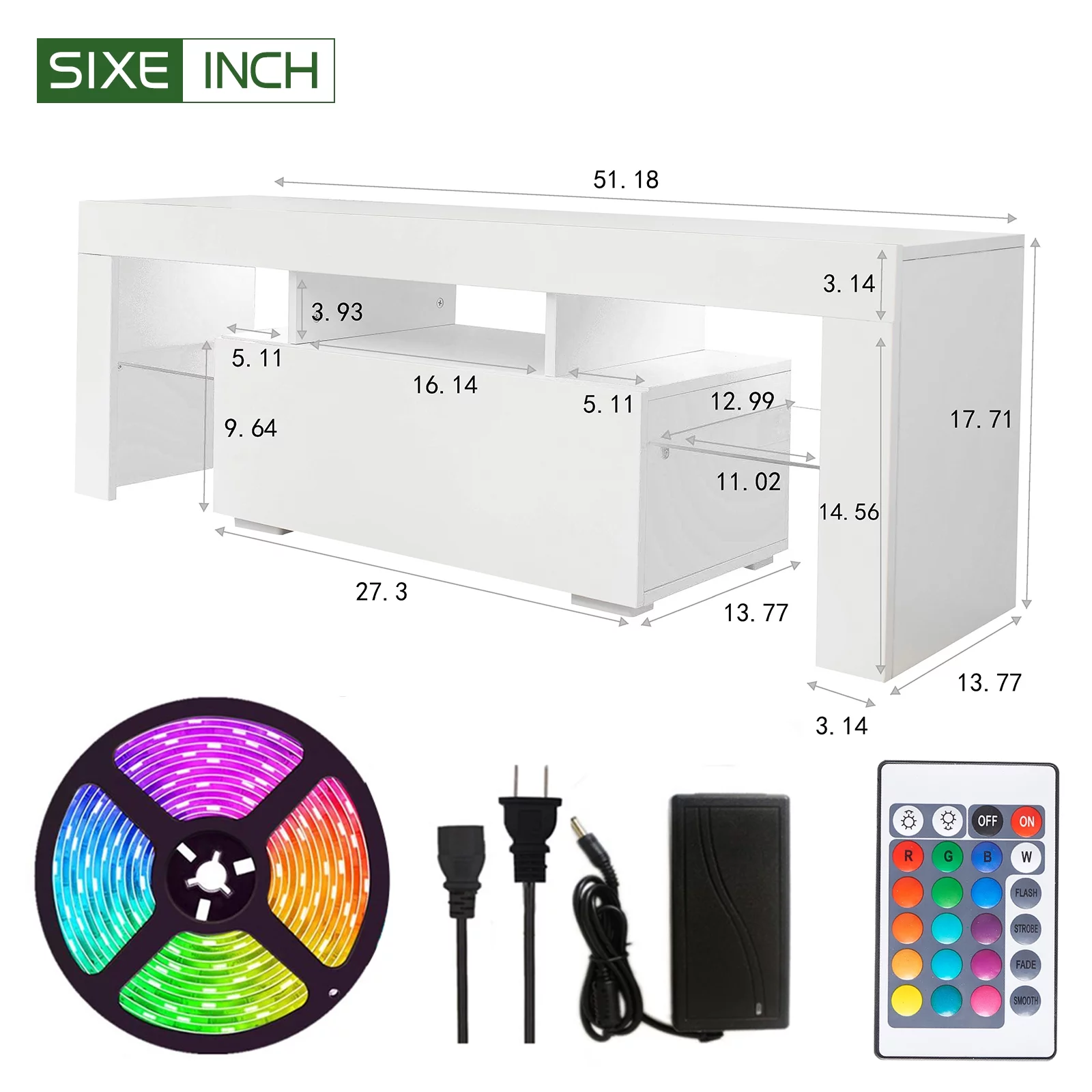 TV Stand with LED RGB Lights, Modern Entertainment Center Media Console Table Gaming TV Stand Cabinet with Drawer Glass Shelves for 55 inch TVs living Room Bed Room Furniture (White)