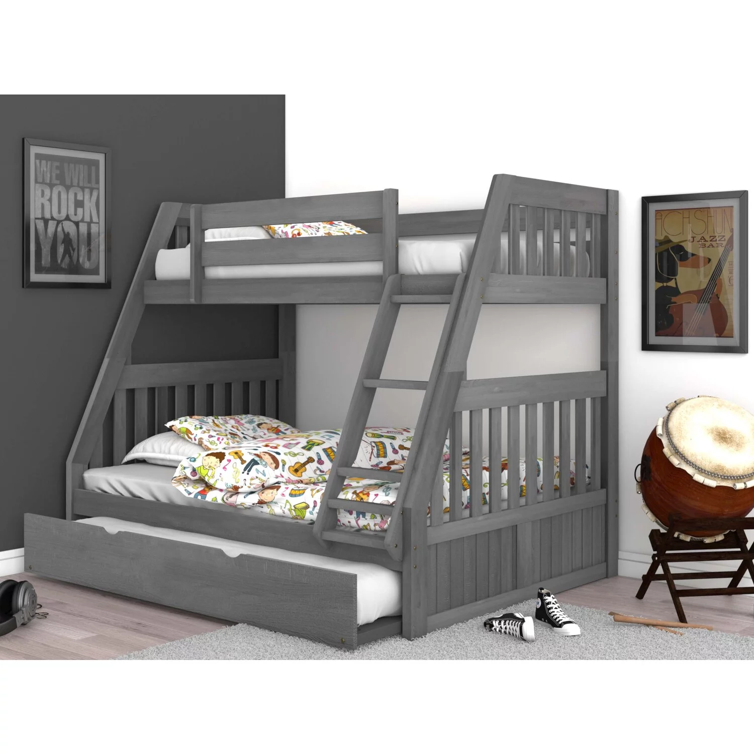 OS Home and Office Furniture 3219TRU-22 Solid Pine Bunk Bed in Charcoal Gray