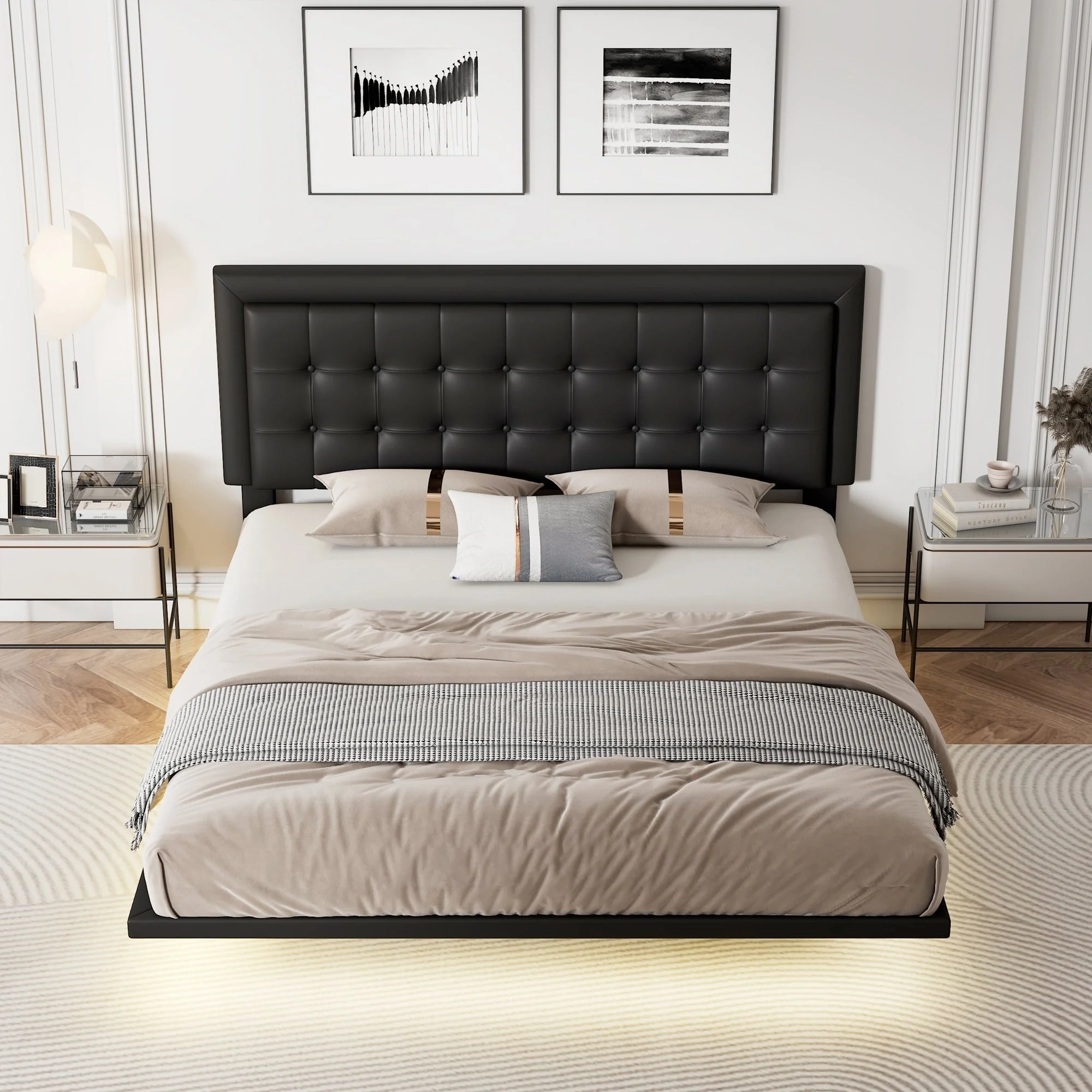 Omi Queen Floating Bed Frame w Motion Activated Night Lights -Black