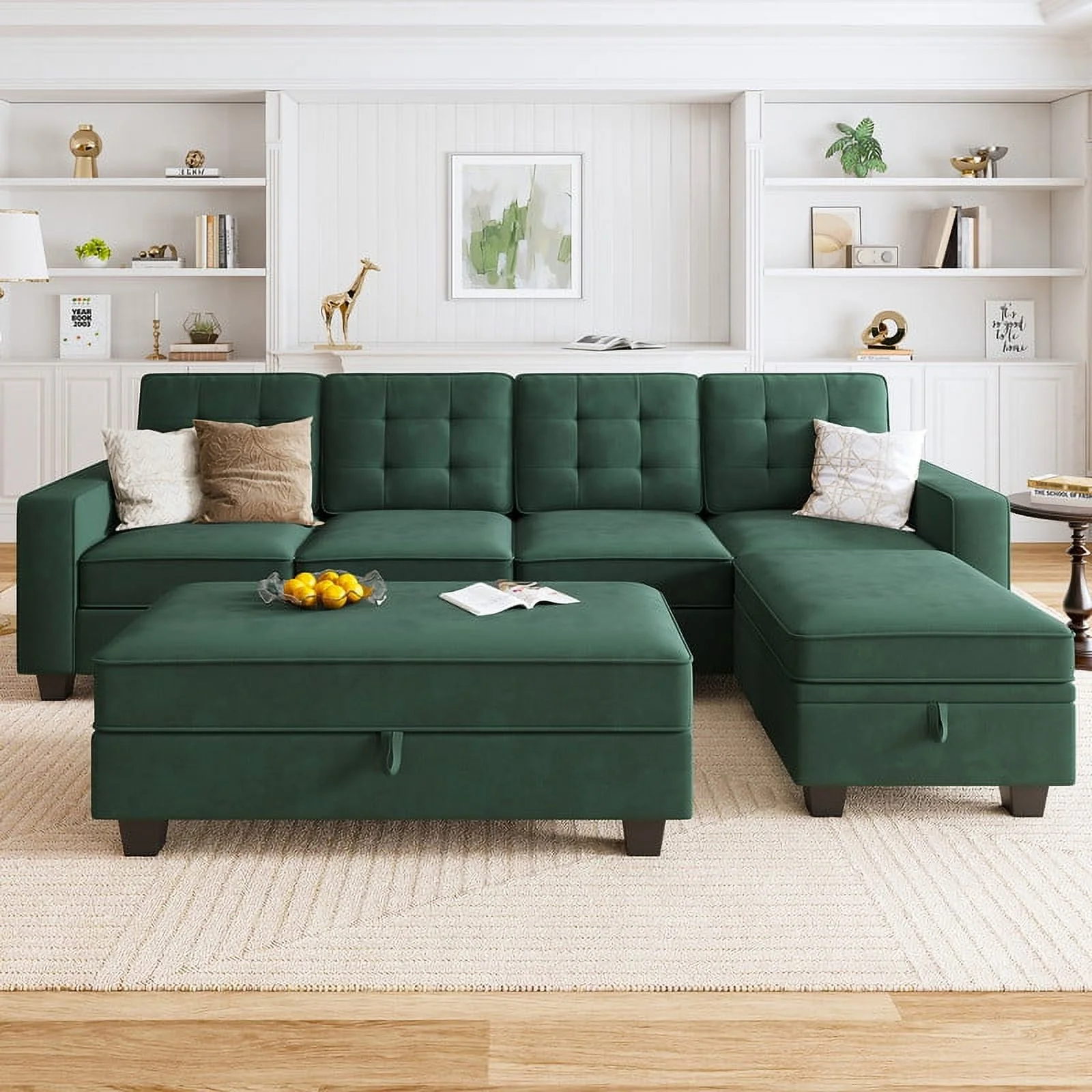 HONBAY Contemporary Plush Sectional Sleeper Sofa Couch with Storage Ottoman, Dark Green