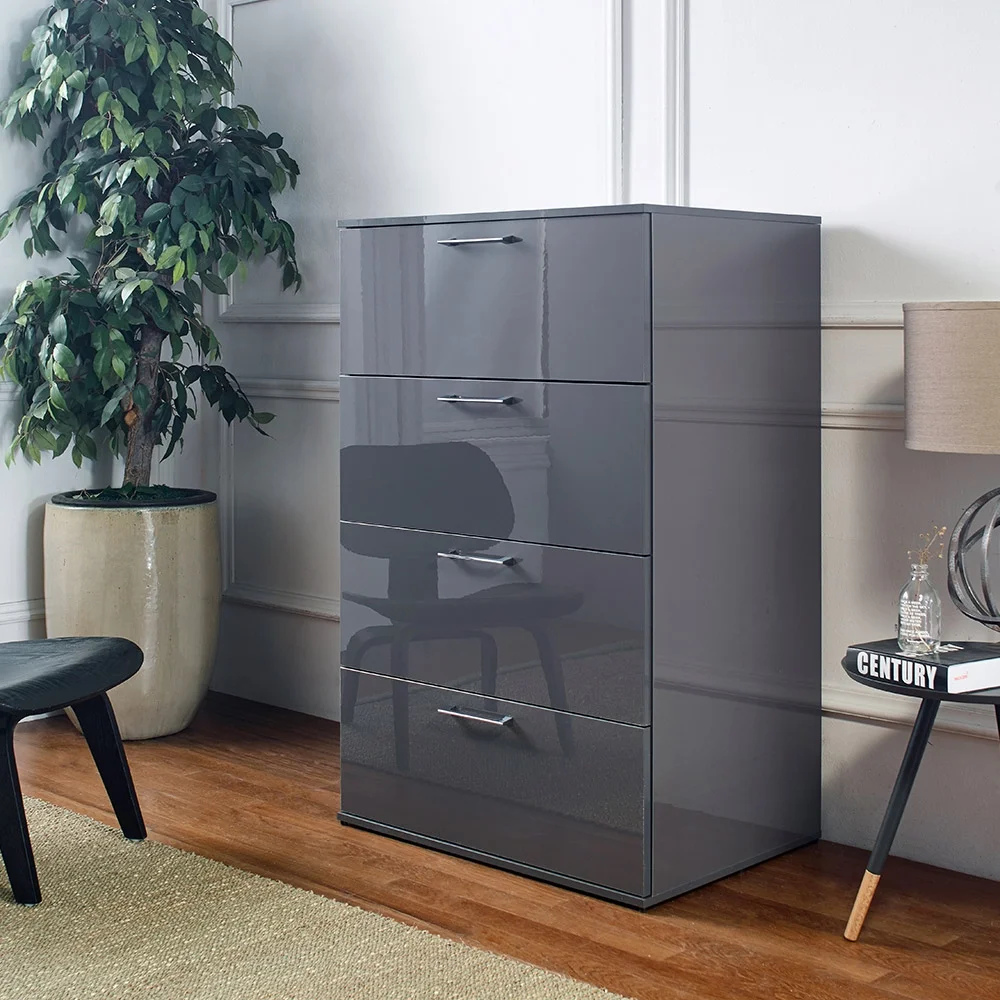 Artlia Glossy Four-Drawer Jumbo Chest in Dark Gray